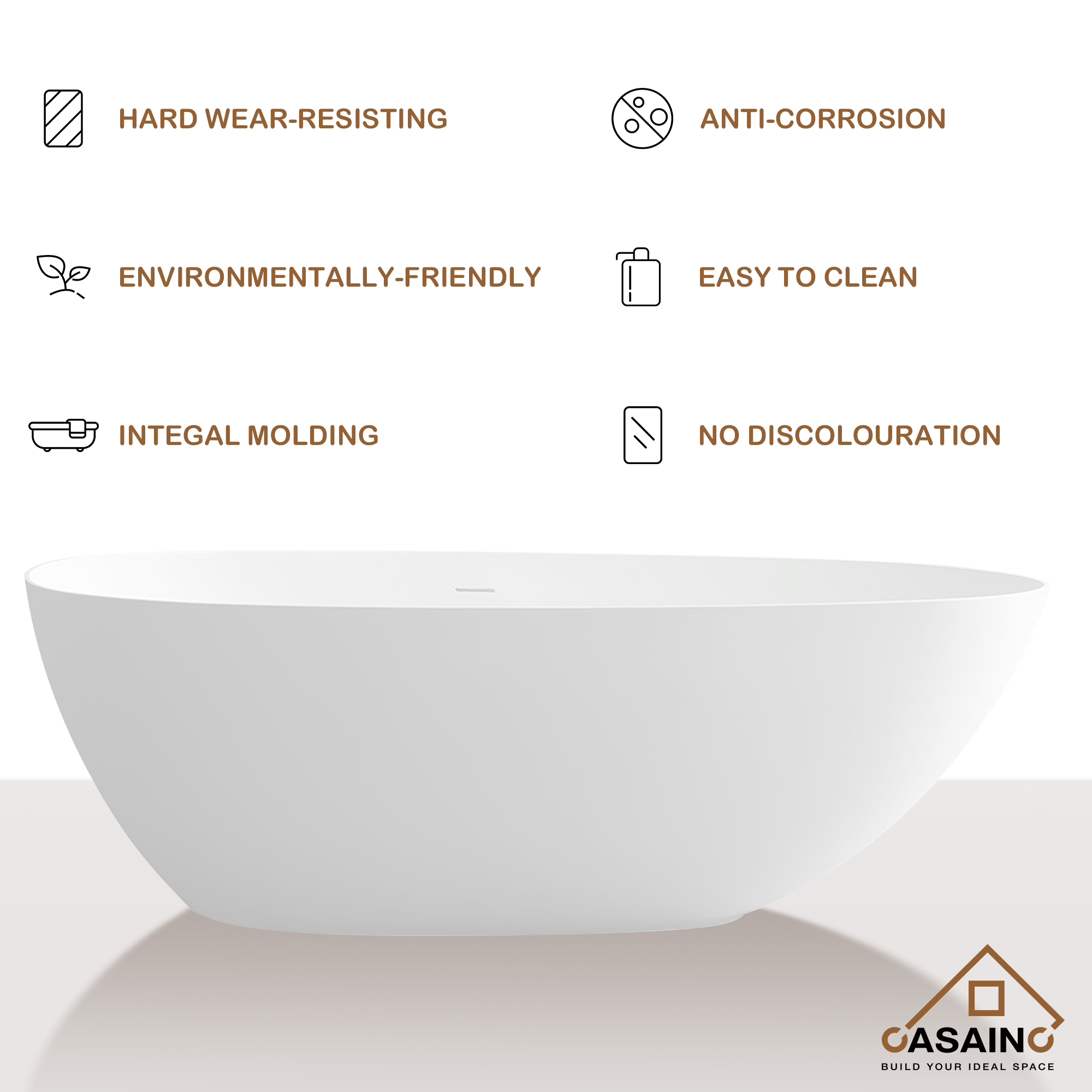 CASAINC 59/63/67/71" Solid Surface Freestanding Bathtub, Egg Shell Shaped Stone Resin Freestanding Tubs, Contemporary Oval Soaking Tub with Overflow and  Drain, Matte White