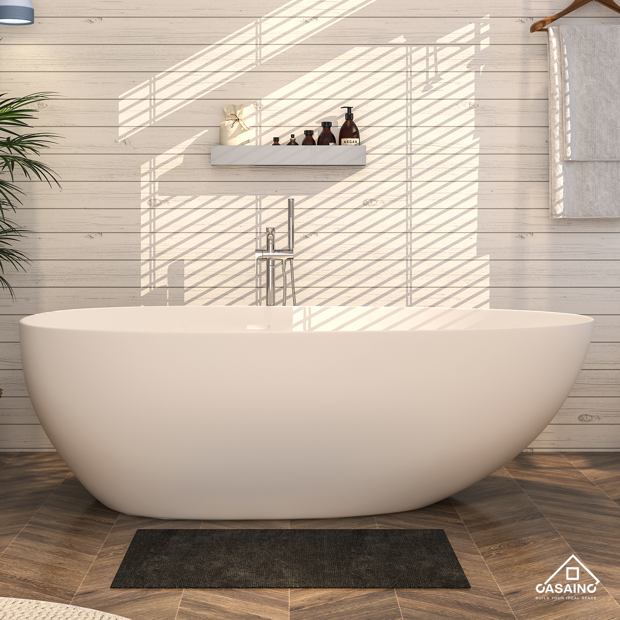 CASAINC 59/63/67/71" Solid Surface Freestanding Bathtub, Egg Shell Shaped Stone Resin Freestanding Tubs, Contemporary Oval Soaking Tub with Overflow and  Drain, Matte White