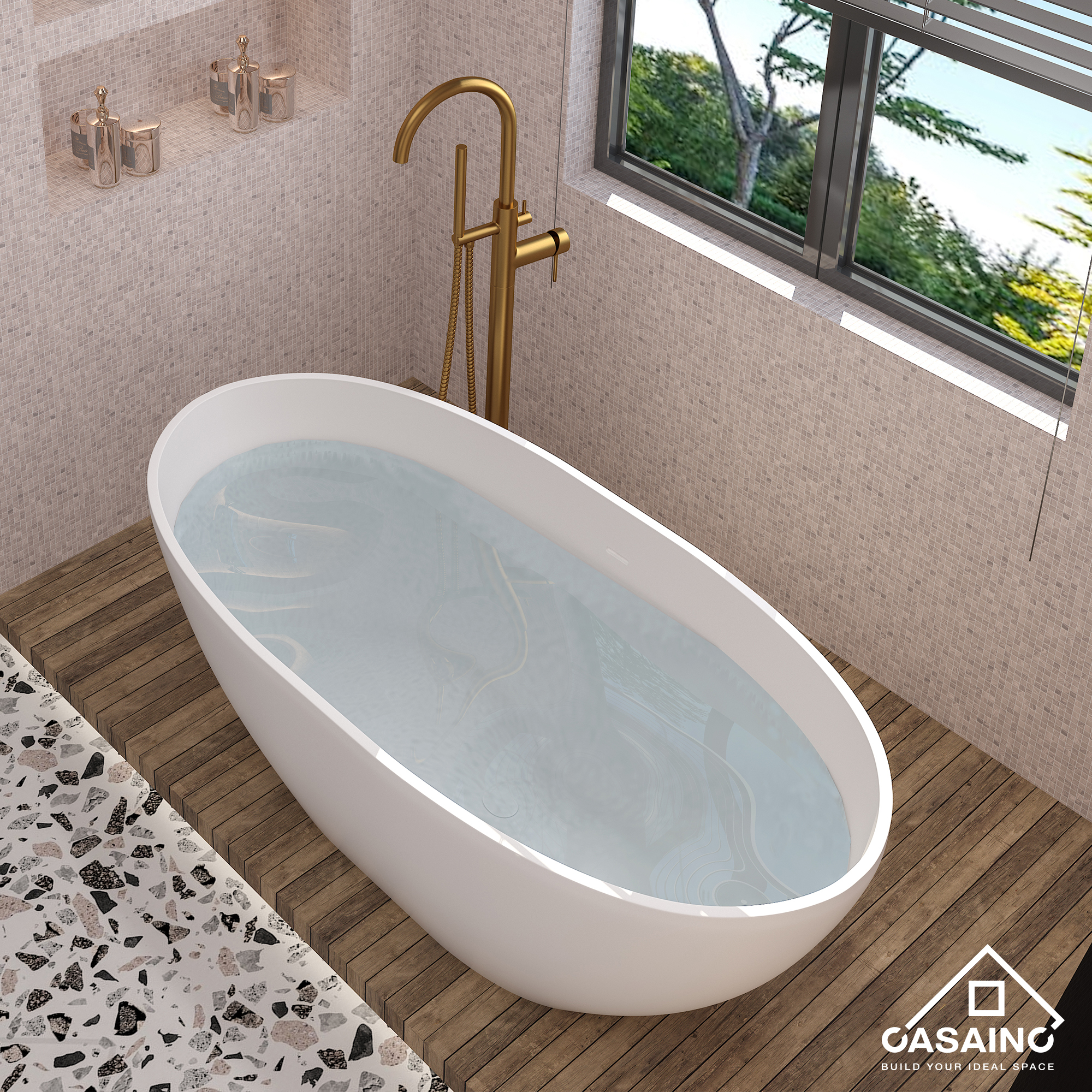 55 inches  Solid Surface Free-Standing Bathtub with Center  Drain in Matte White