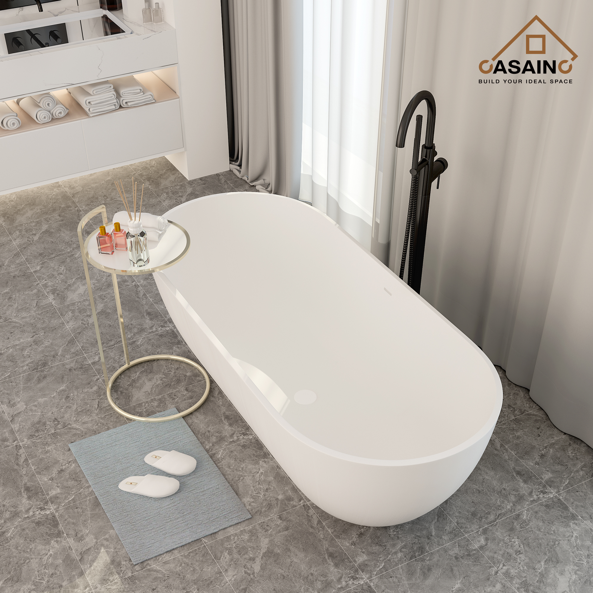 59 inches Solid Surface Free-Standing Bathtub with Center Drain in Matte White
