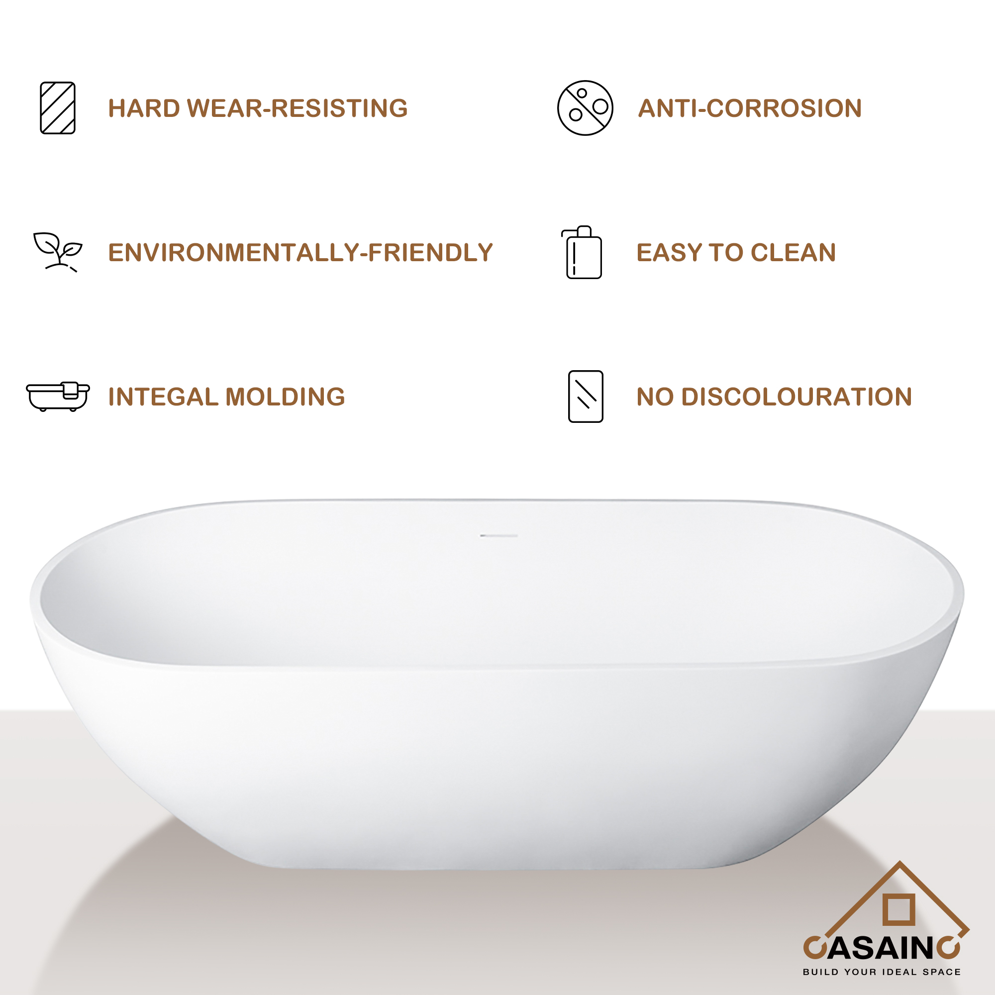 CASAINC 59/69" Solid Surface Bathtubs, Stone Resin Freestanding Tubs, Contemporary Oval Soaking Tub with Overflow and  Drain, Matte White