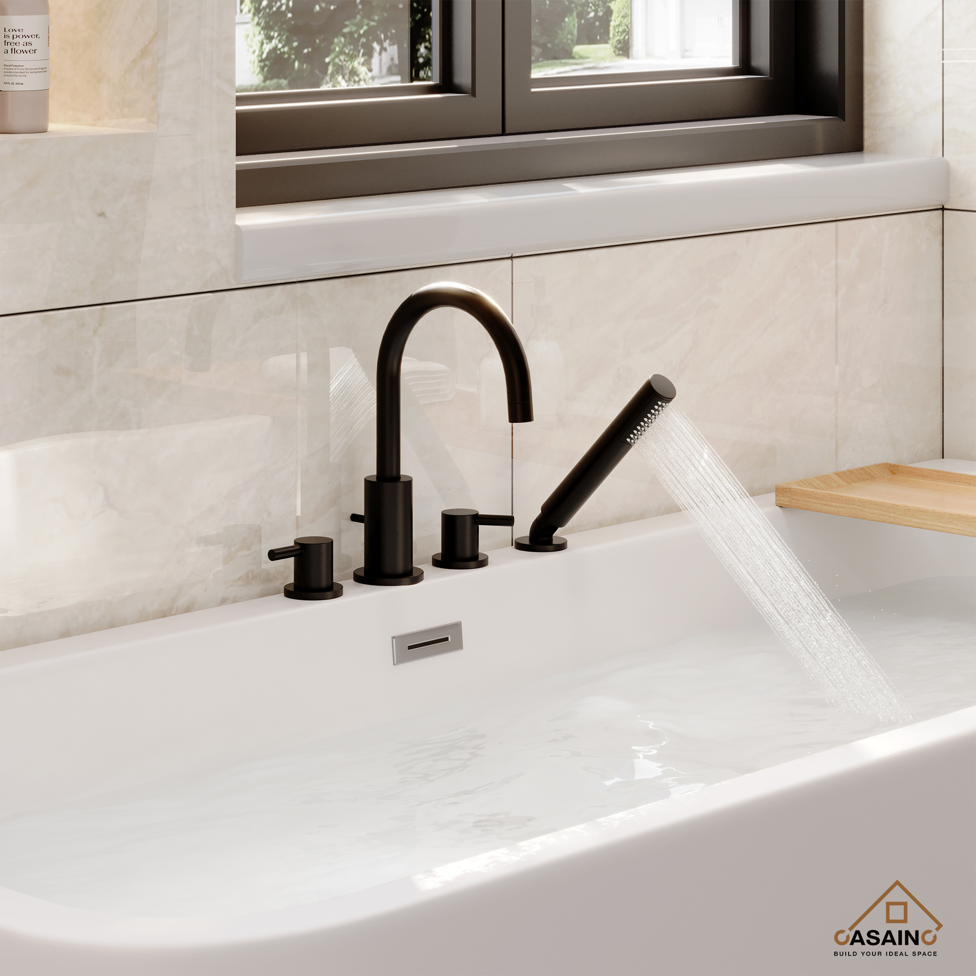 2-Handle Deck-Mount Roman Tub Faucet with Hand Shower in Matte Black