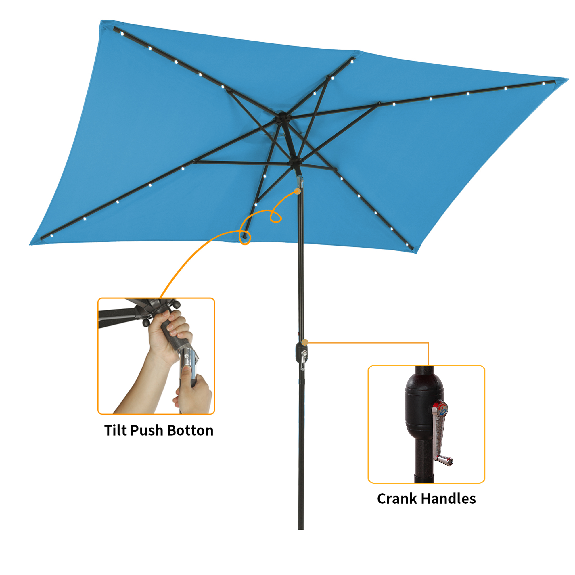 10Ft Outdoor Rectangular Umbrella with 26 Solar-Powered LED Lights, Crank and Tilt (Without Base)