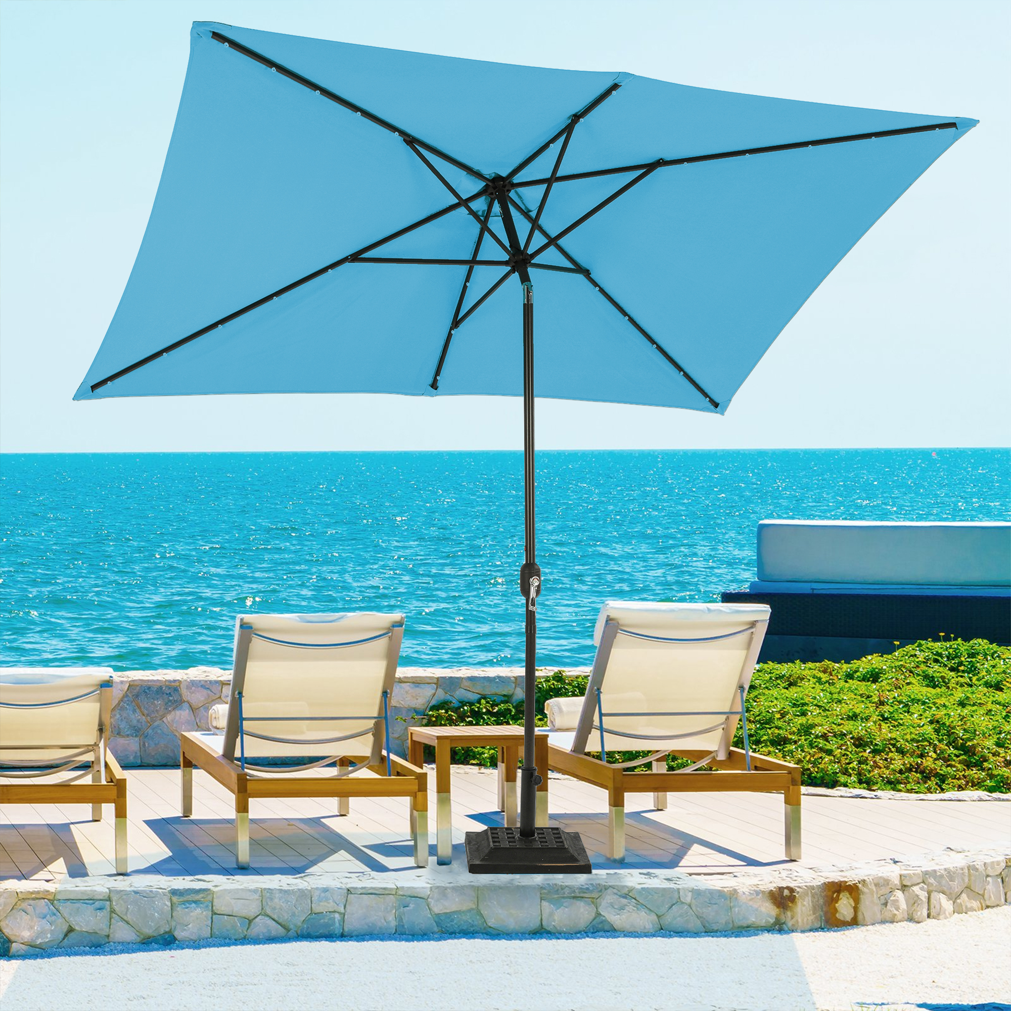 10Ft Outdoor Rectangular Umbrella with 26 Solar-Powered LED Lights, Crank and Tilt (Without Base)