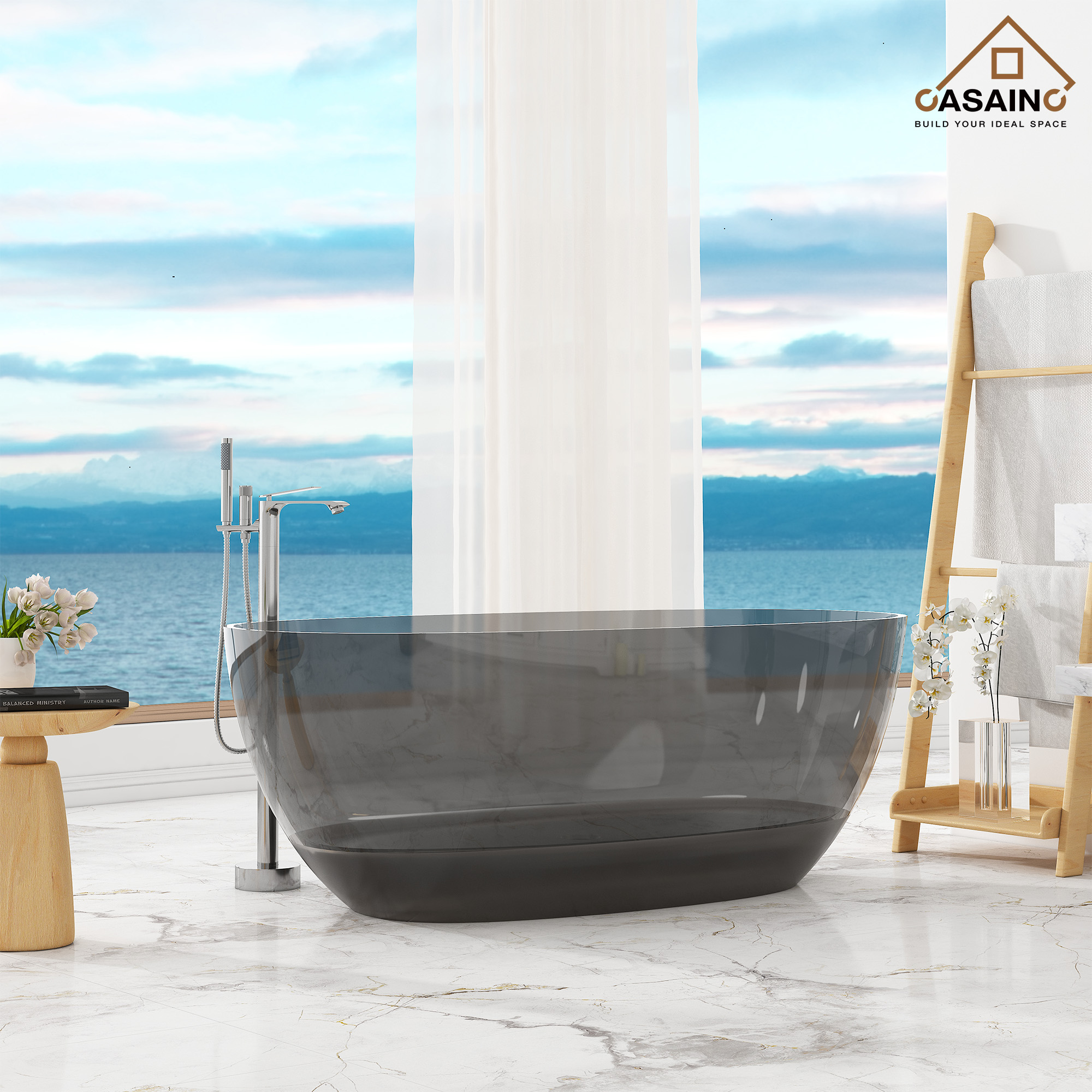 59"/67" Pure Resin Freestanding Transparent Bathtub with Center Drain