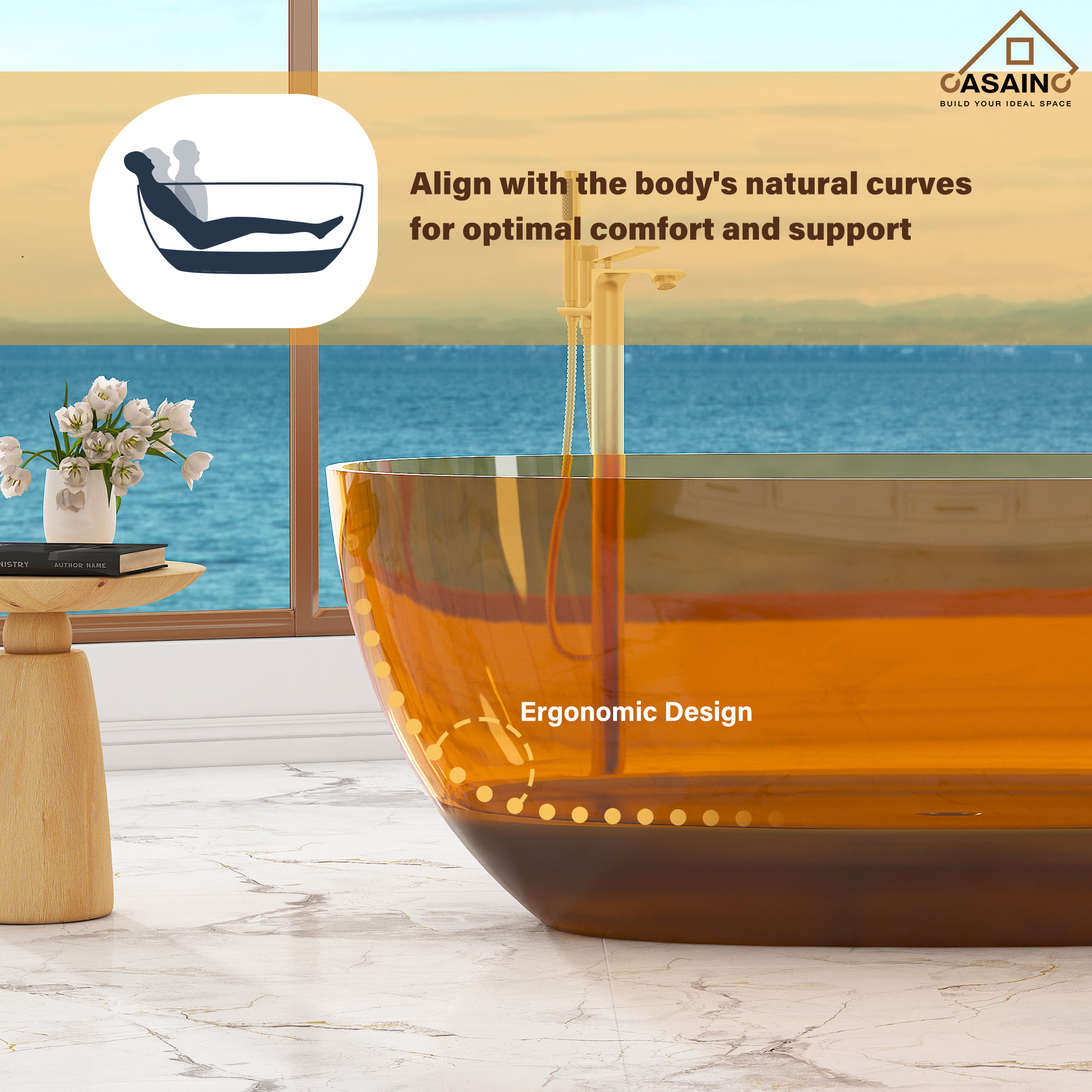 59"/67" Pure Resin Freestanding Transparent Bathtub with Center Drain