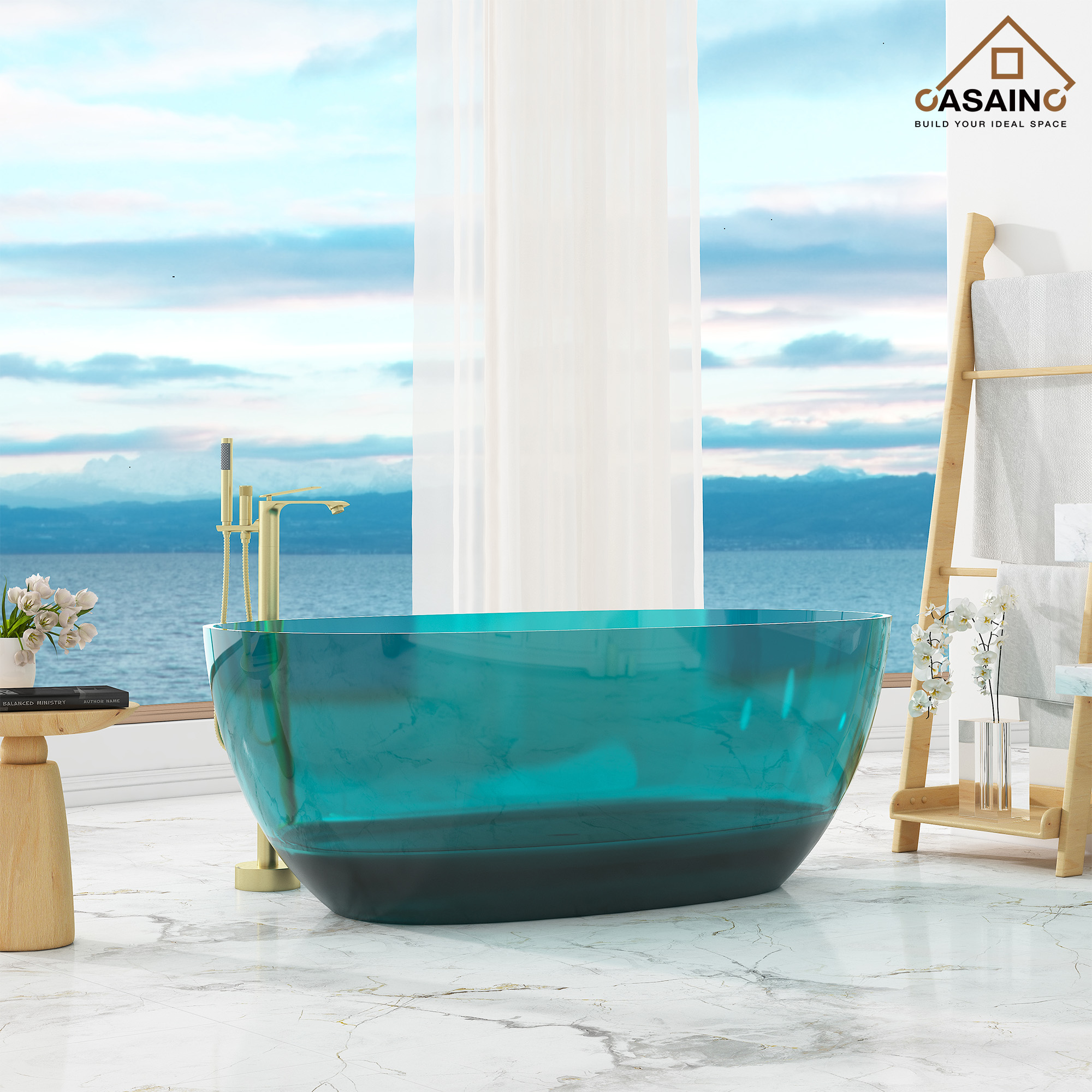 59"/67" Pure Resin Freestanding Transparent Bathtub with Center Drain