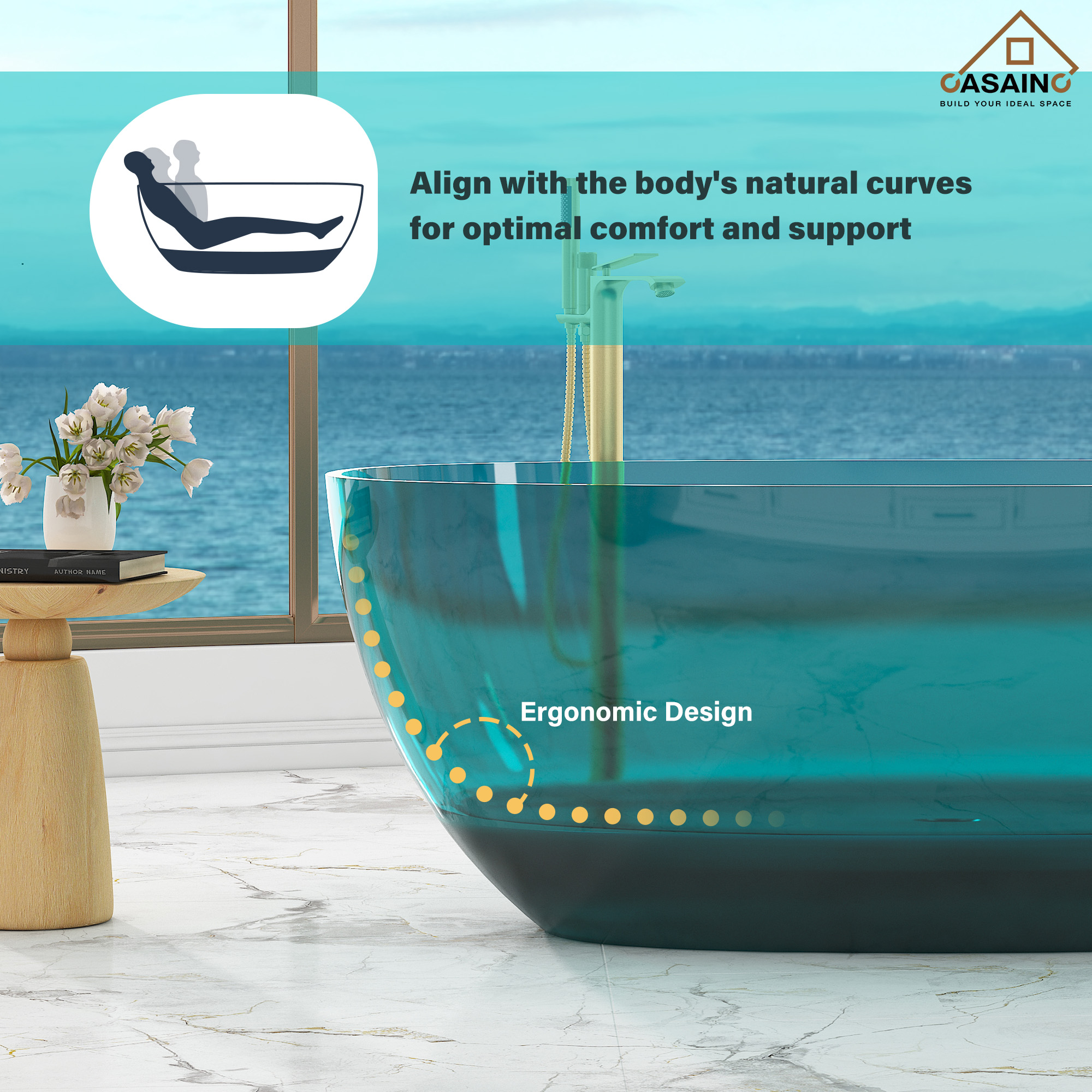 59"/67" Pure Resin Freestanding Transparent Bathtub with Center Drain