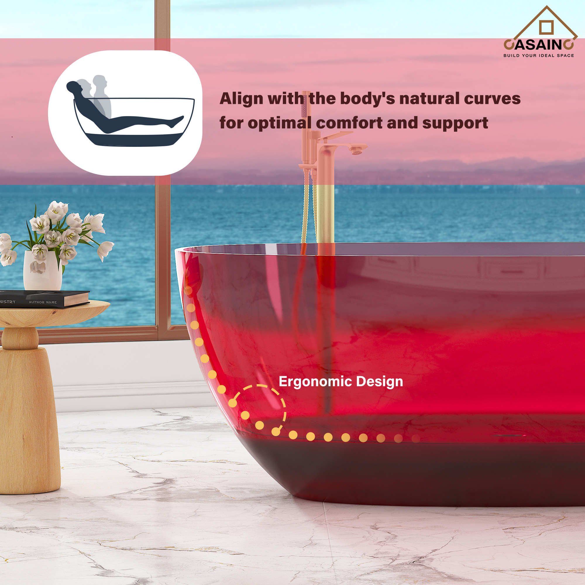 59"/67" Pure Resin Freestanding Transparent Bathtub with Center Drain
