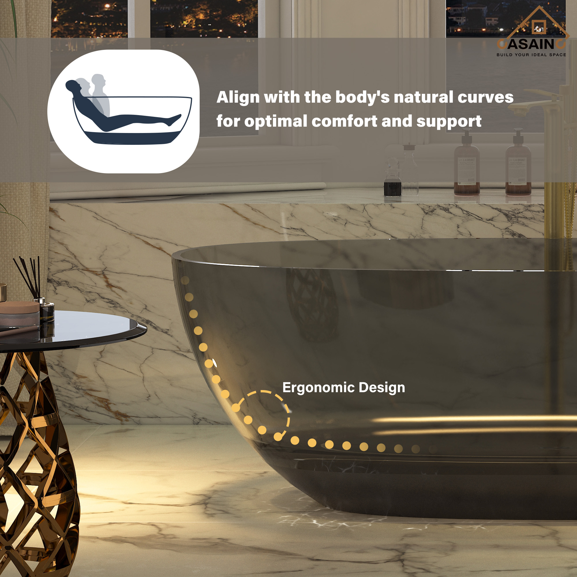 59"/67" Pure Resin Freestanding Transparent Bathtub with Center Drain