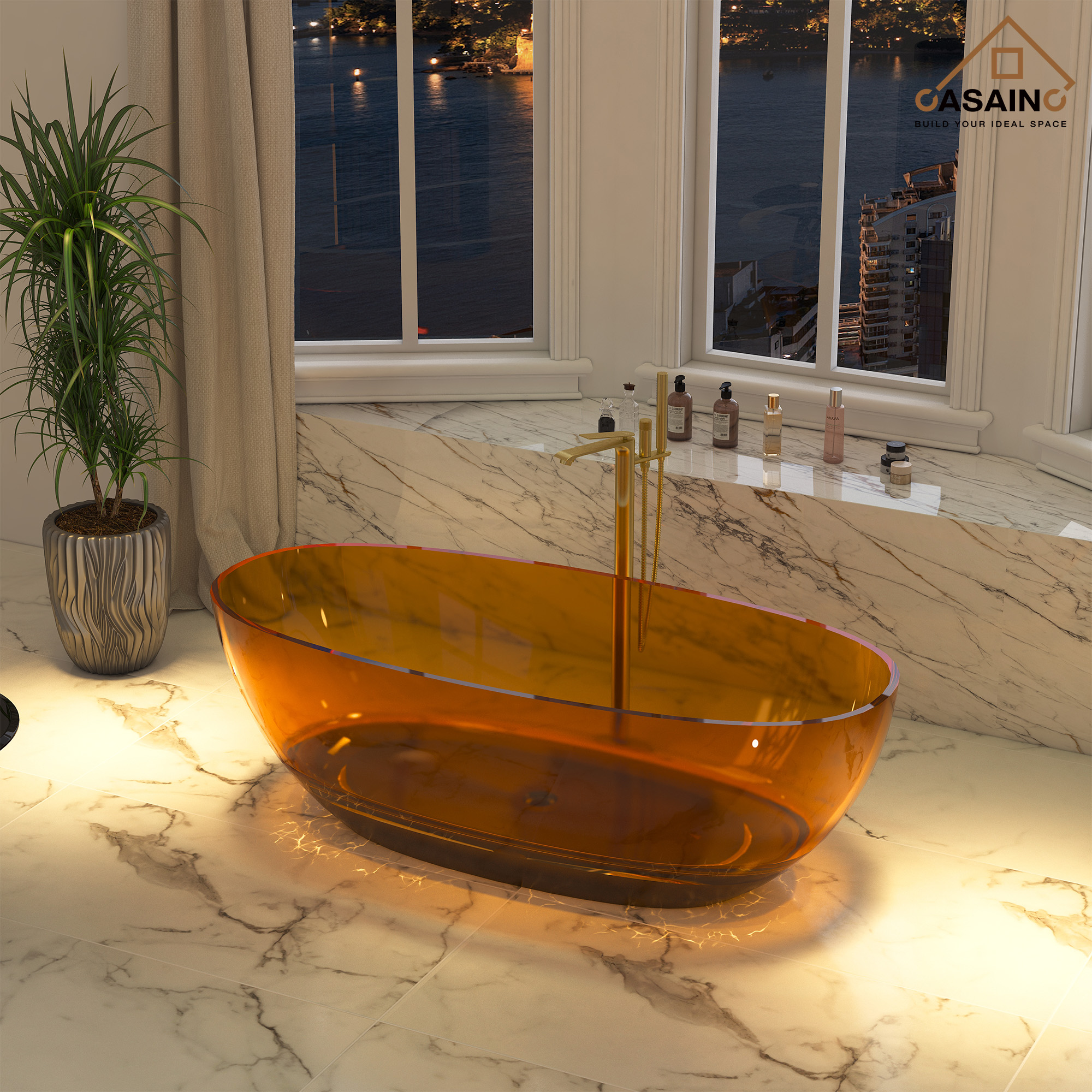 59"/67" Pure Resin Freestanding Transparent Bathtub with Center Drain