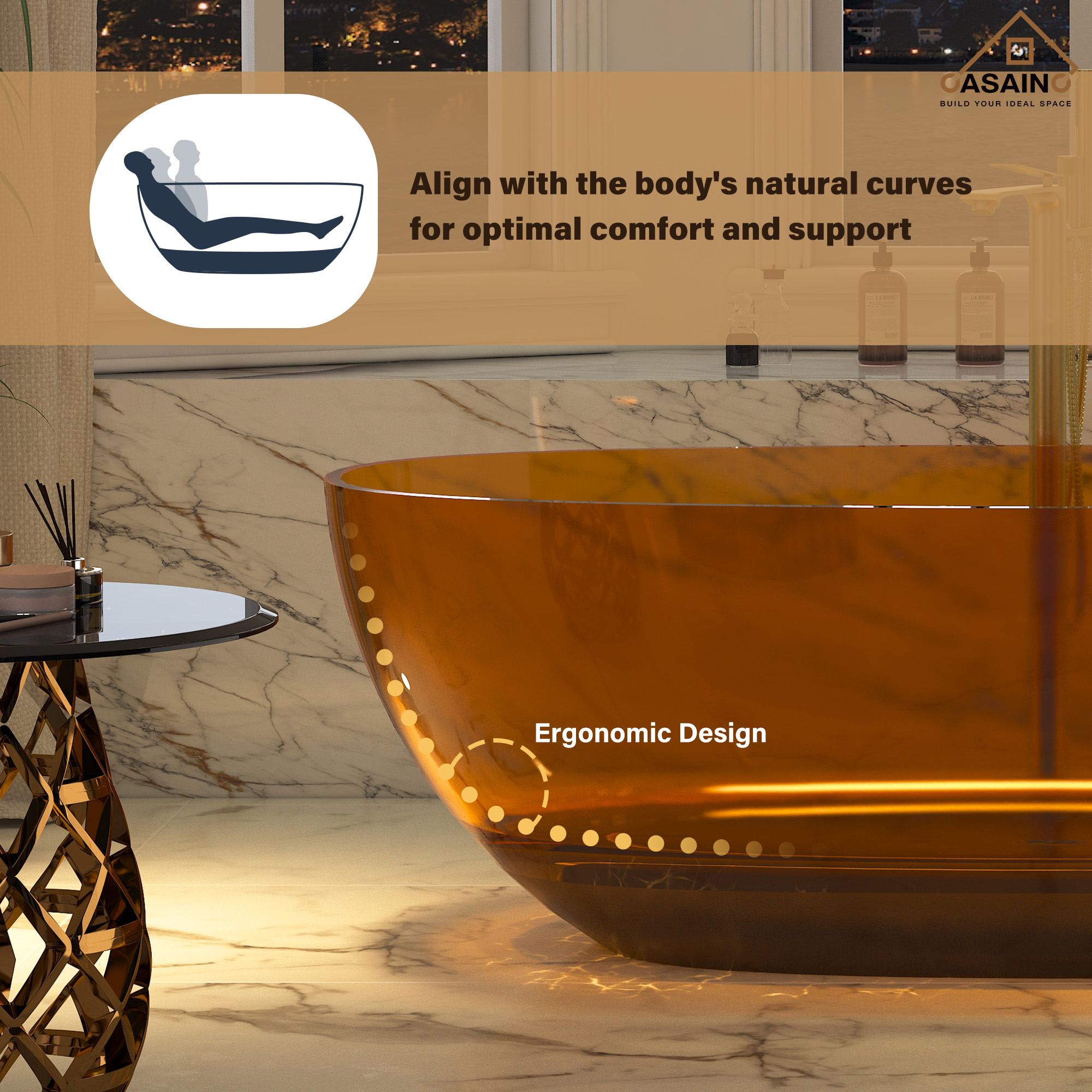 59"/67" Pure Resin Freestanding Transparent Bathtub with Center Drain
