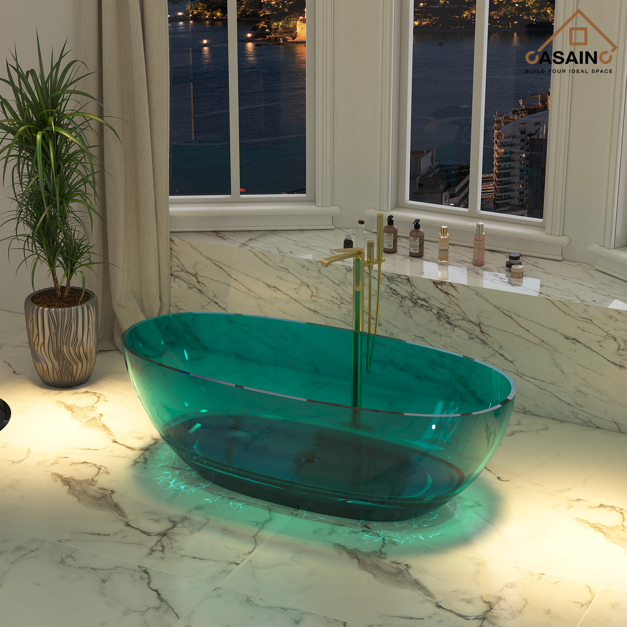 59"/67" Pure Resin Freestanding Transparent Bathtub with Center Drain