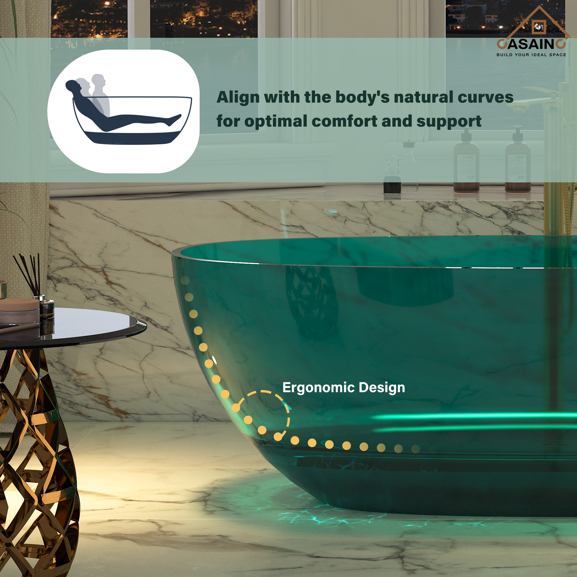 59"/67" Pure Resin Freestanding Transparent Bathtub with Center Drain