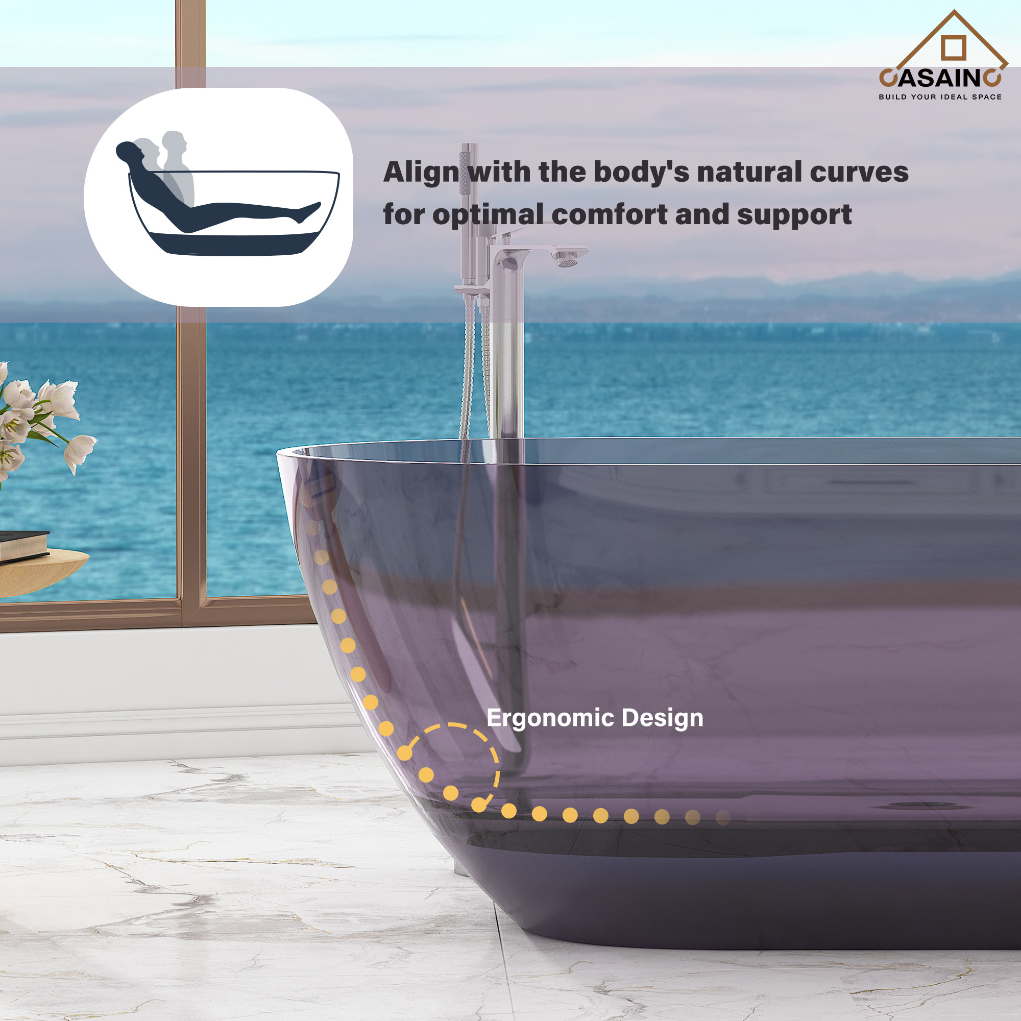 59"/69" Transparent Resin Freestanding Bathtub with Excellent Heat Retention