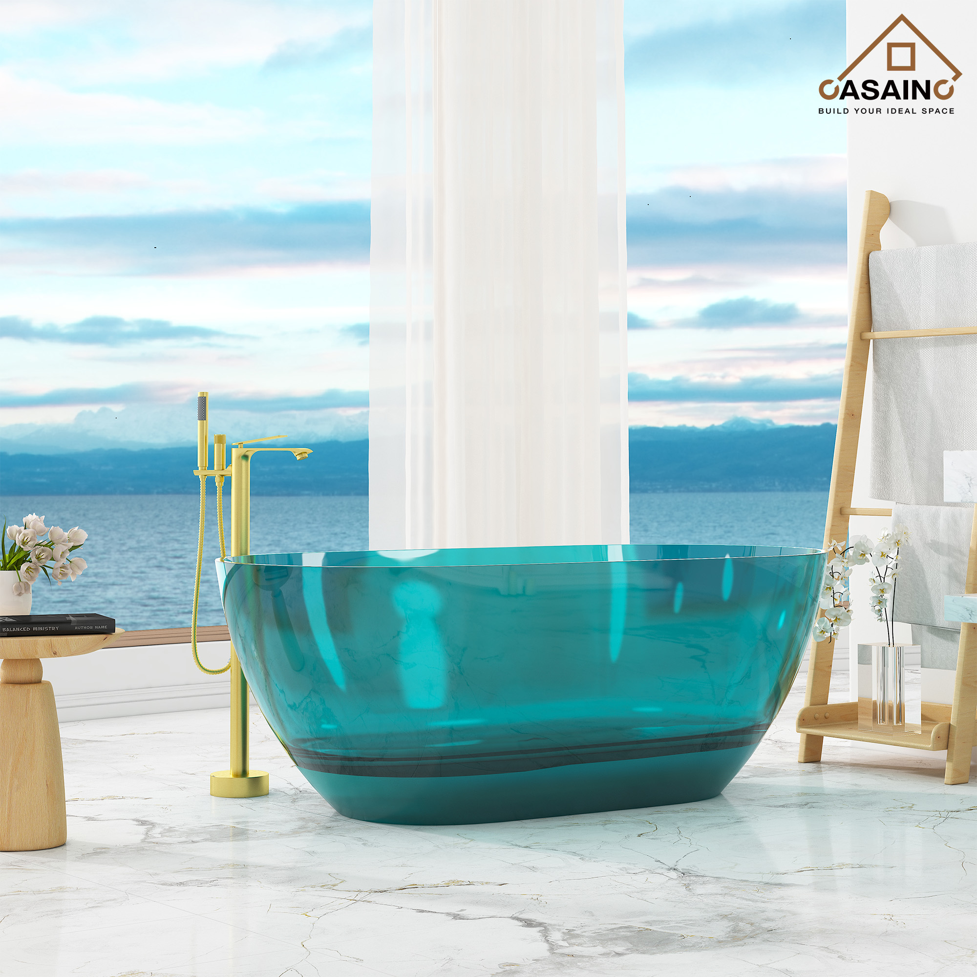 59"/69" Transparent Resin Freestanding Bathtub with Excellent Heat Retention