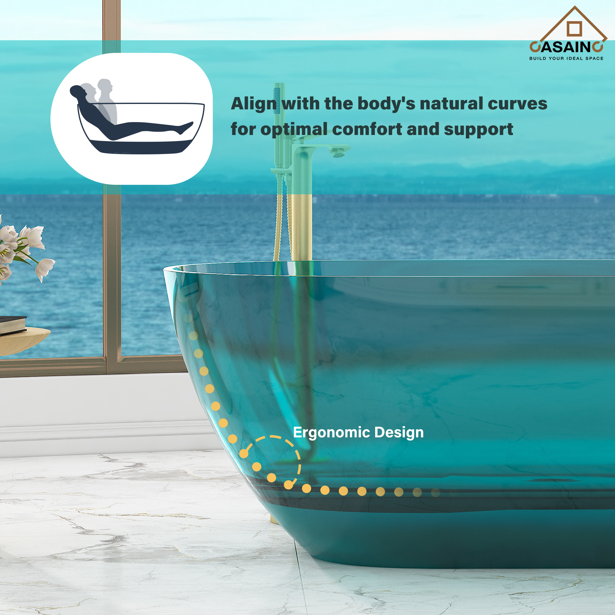 59"/69" Transparent Resin Freestanding Bathtub with Excellent Heat Retention