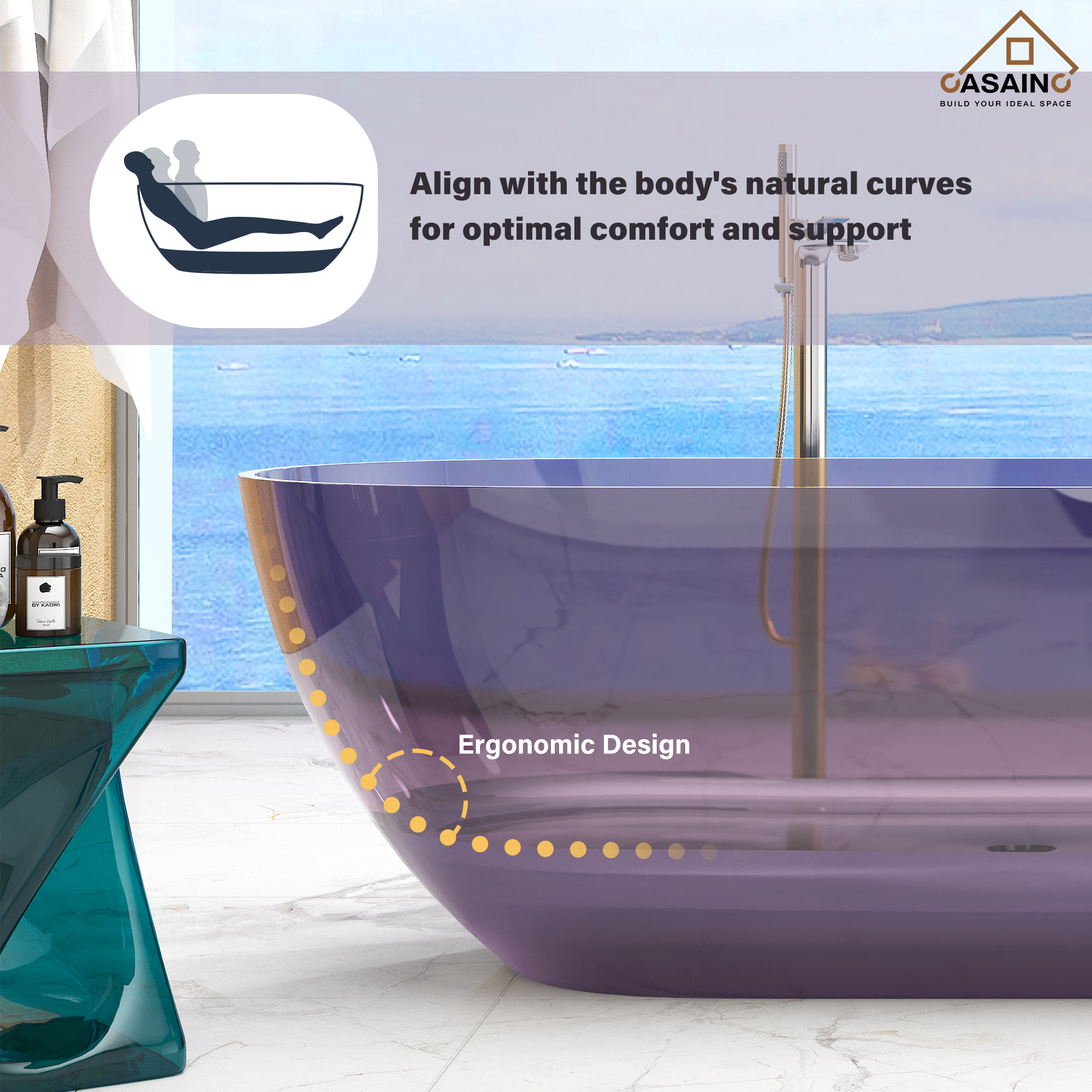59"/69" Transparent Resin Freestanding Bathtub with Excellent Heat Retention
