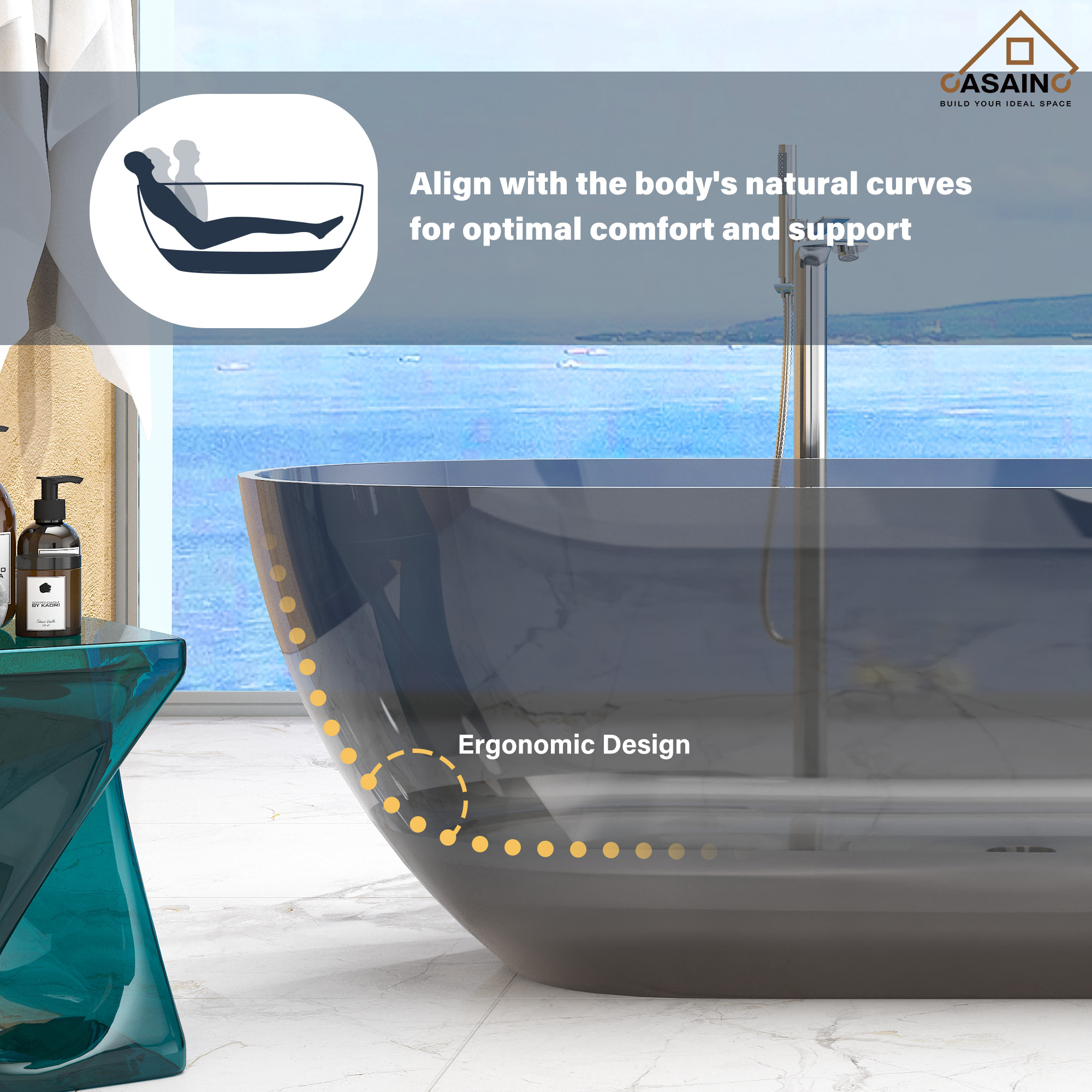 59"/69" Transparent Resin Freestanding Bathtub with Excellent Heat Retention