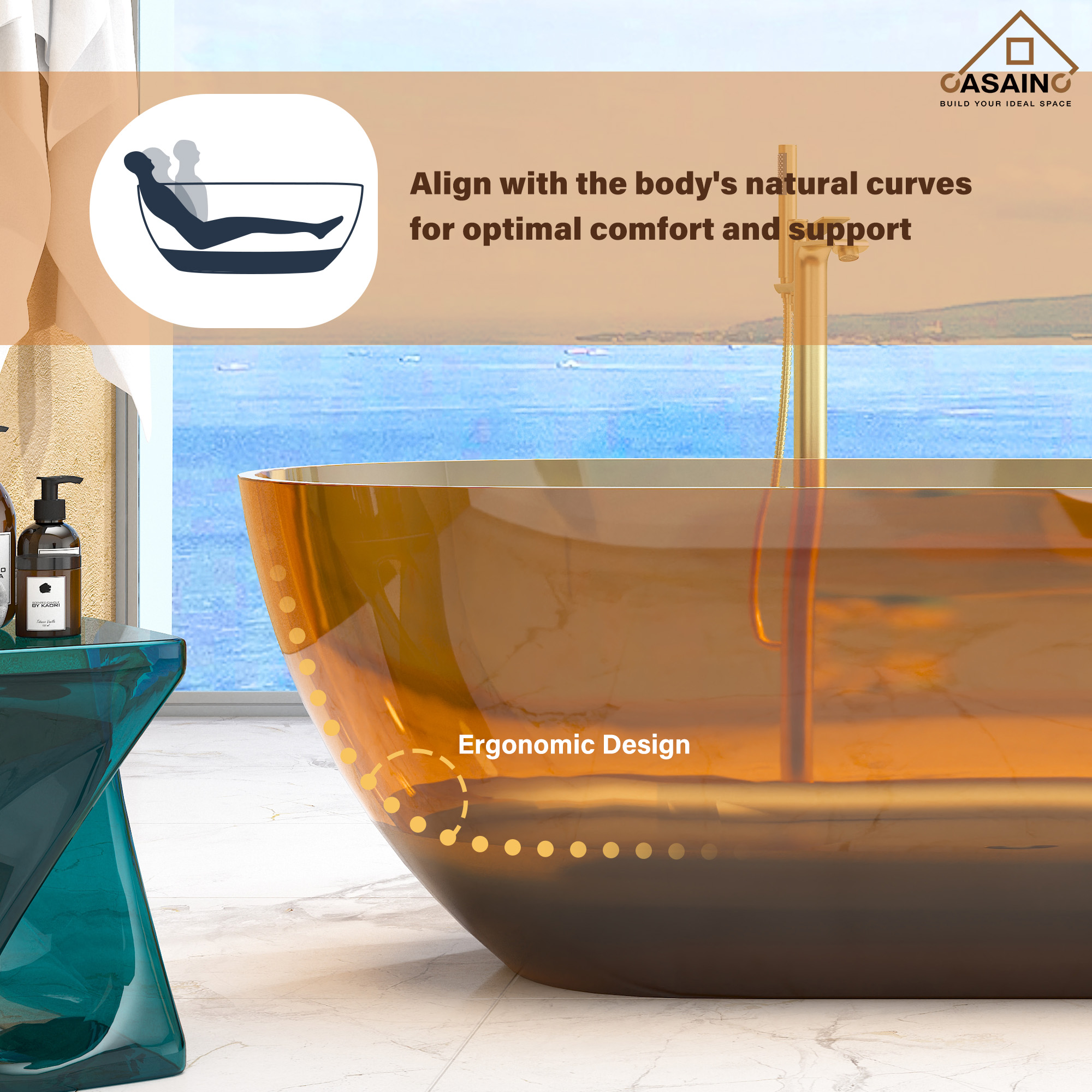 59"/69" Transparent Resin Freestanding Bathtub with Excellent Heat Retention