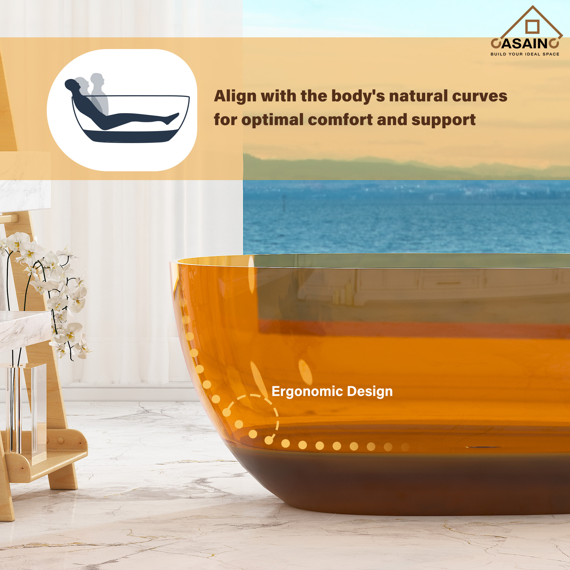 59"/67" Egg-Shaped Transparent Pure Resin Adult Freestanding Bathtub