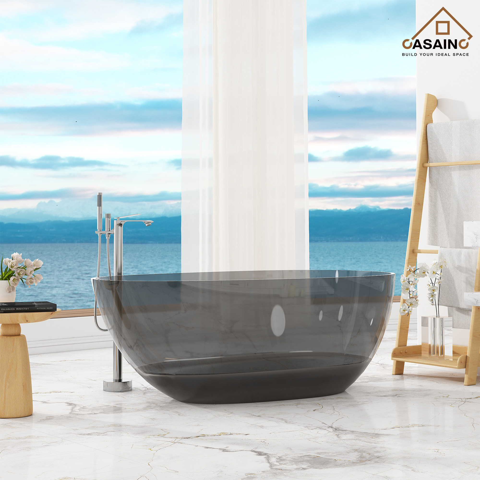59"/67" Egg-Shaped Transparent Pure Resin Adult Freestanding Bathtub