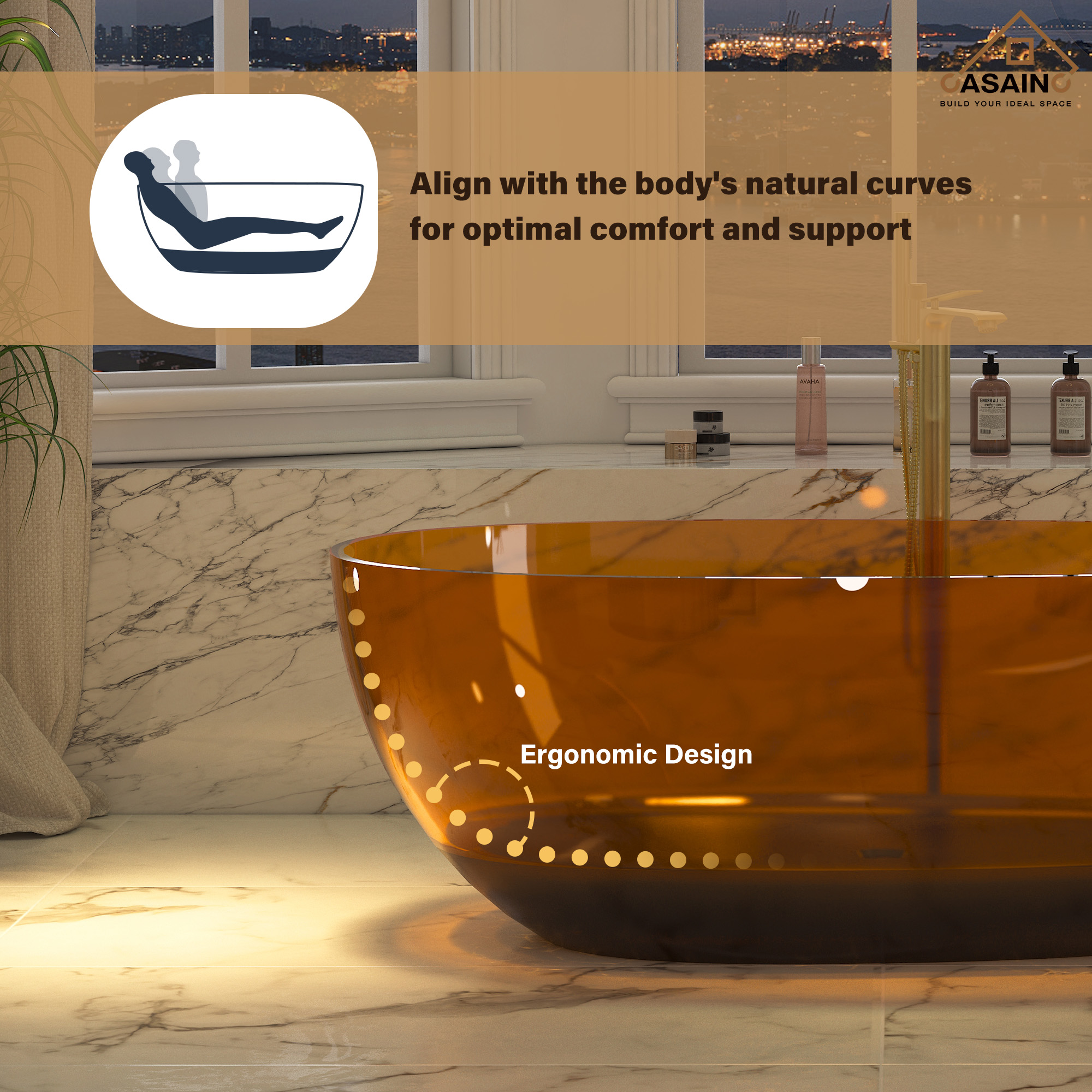 59"/67" Egg-Shaped Transparent Pure Resin Adult Freestanding Bathtub