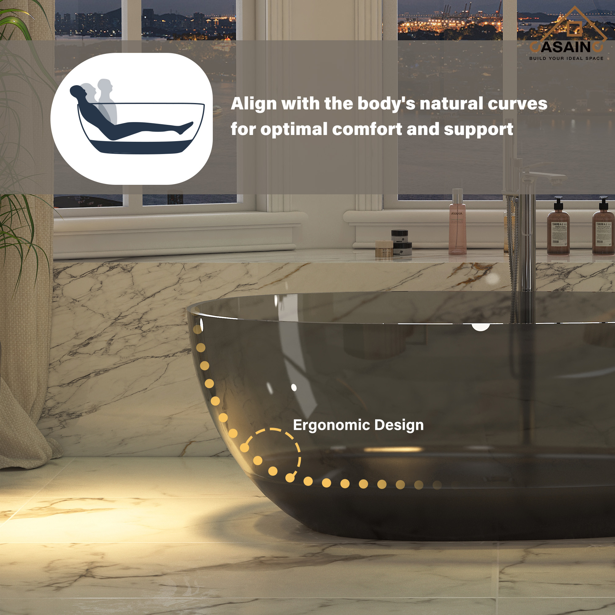 59"/67" Egg-Shaped Transparent Pure Resin Adult Freestanding Bathtub