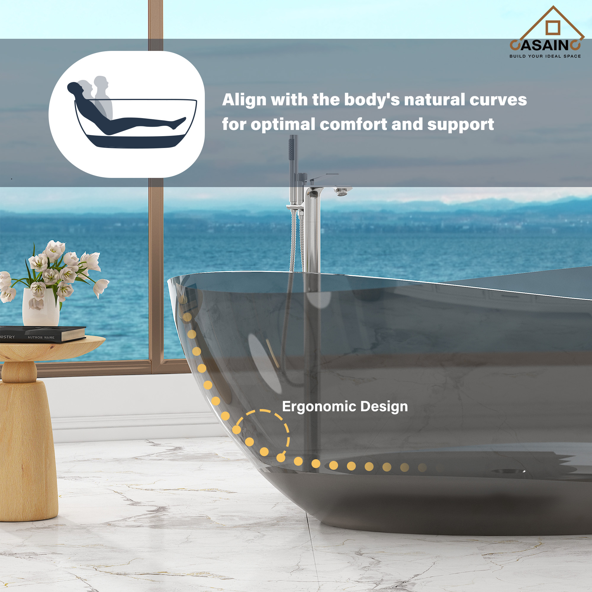 63" Unique Shaped Transparent Resin Freestanding Bathtub with Central Drain
