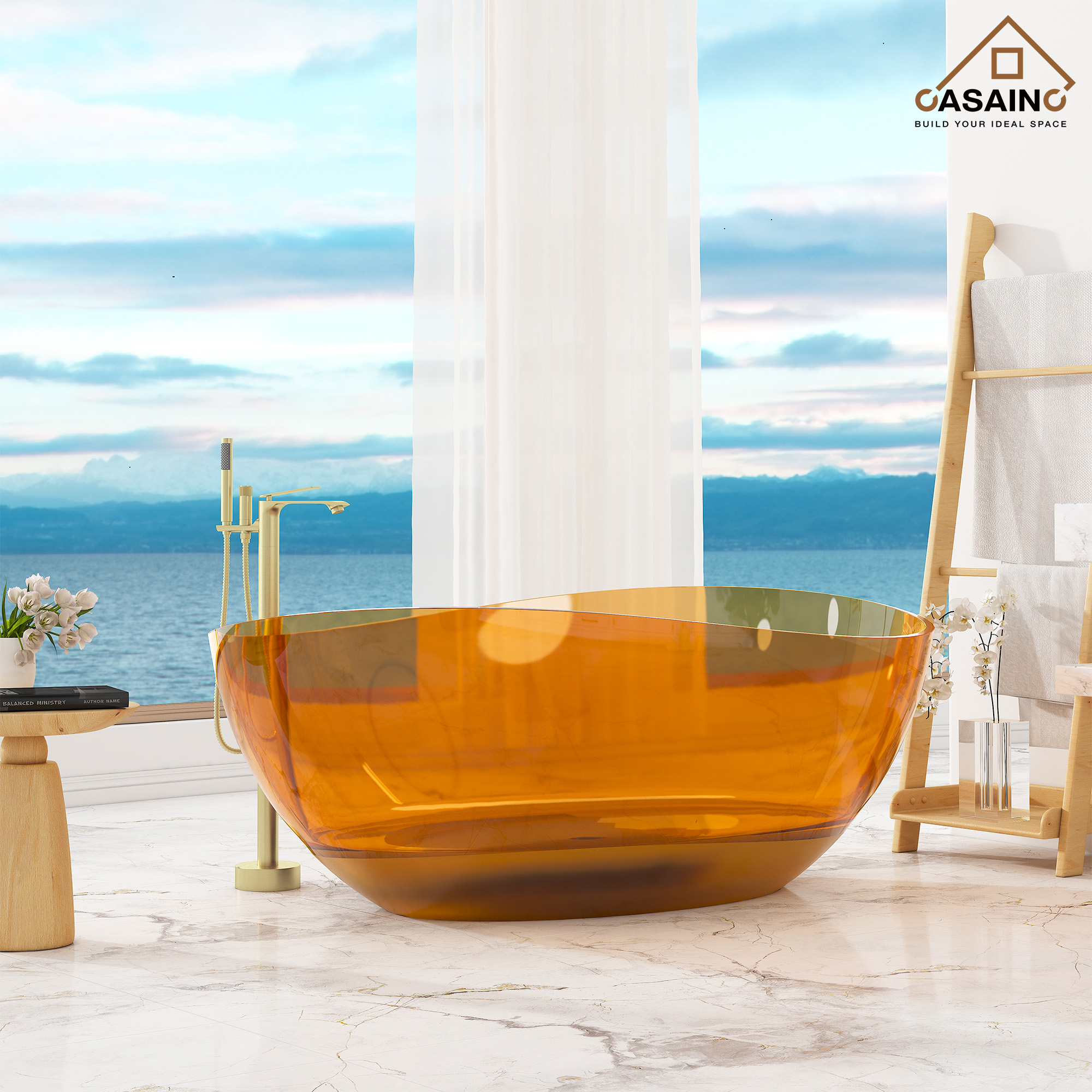 63" Unique Shaped Transparent Resin Freestanding Bathtub with Central Drain