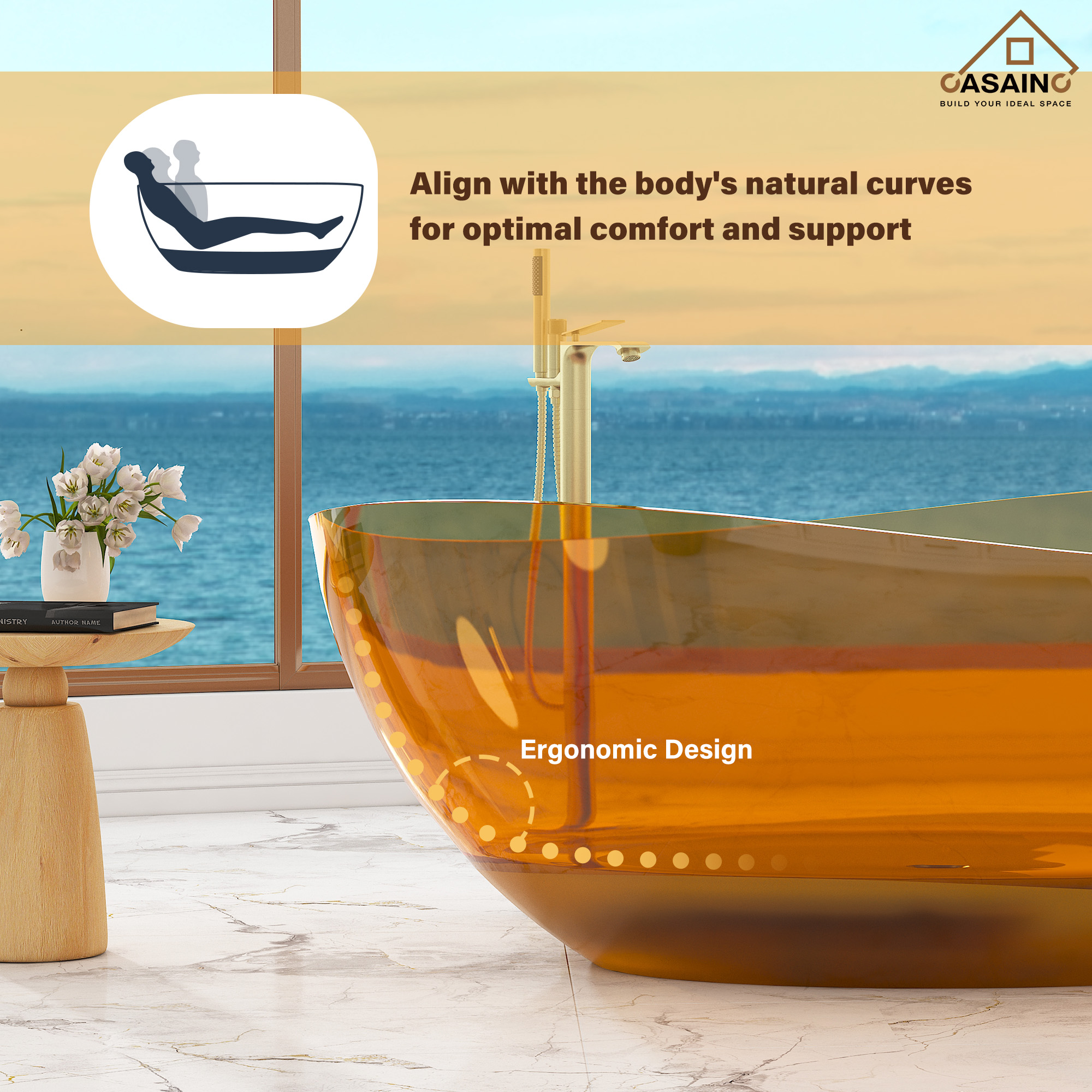 63" Unique Shaped Transparent Resin Freestanding Bathtub with Central Drain