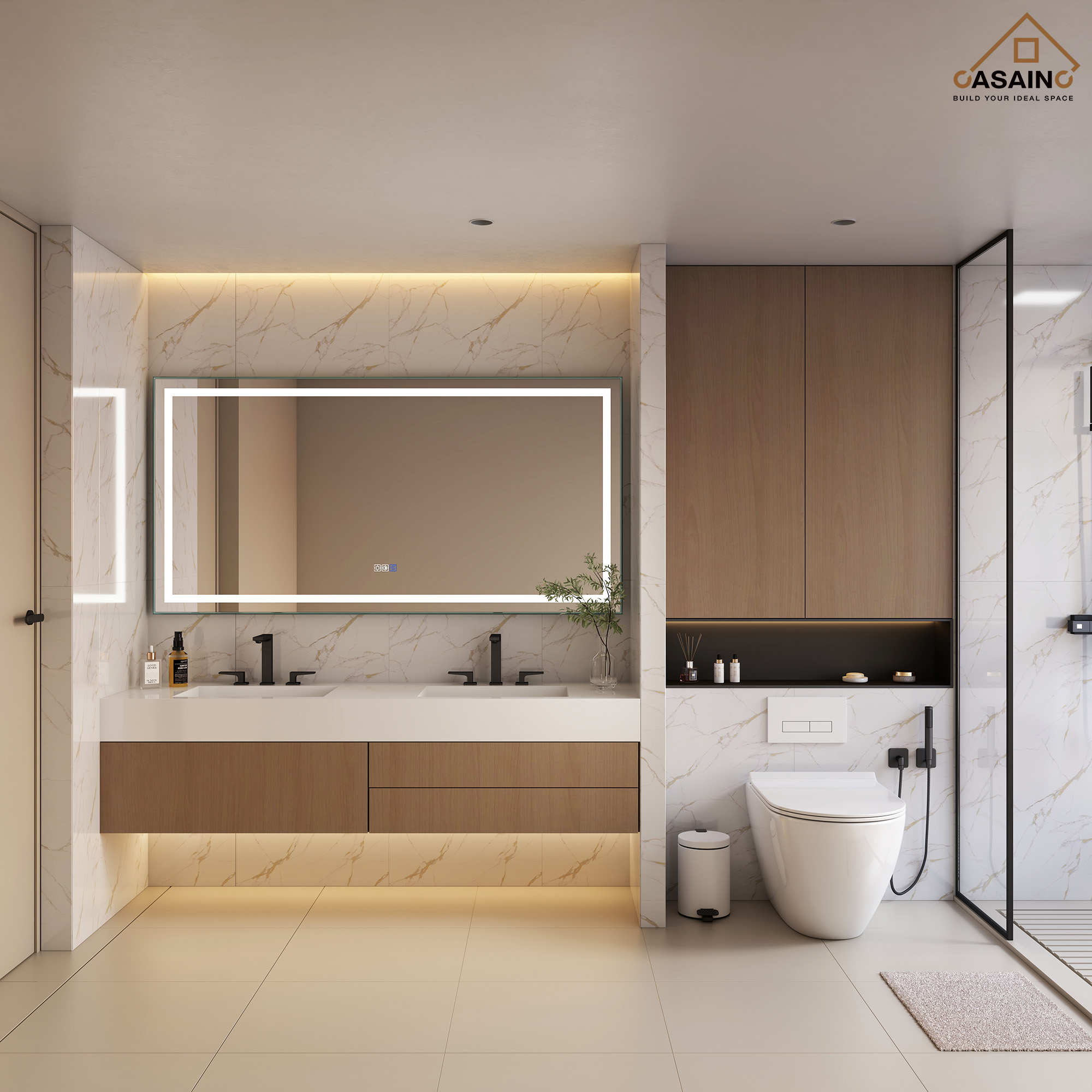 Frameless Rectangular LED Bathroom Mirror with Anti-Fog, Shatter-Proof