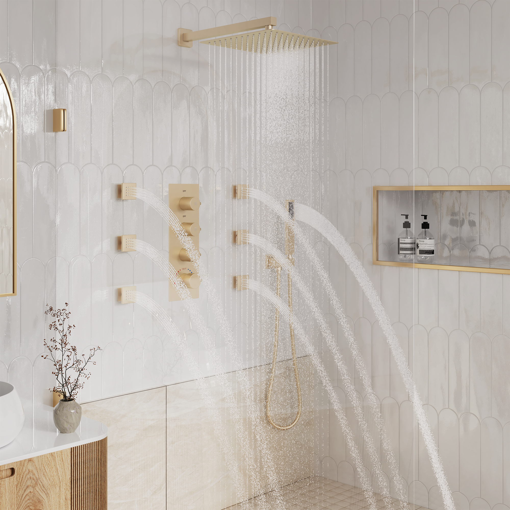 12" Thermostatic Shower System with Rainfall Showerhead & 6 Body Jets