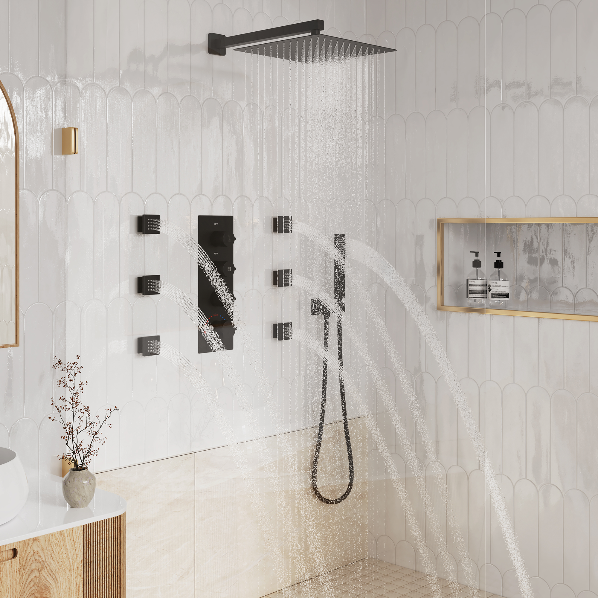 12" Thermostatic Shower System with Rainfall Showerhead & 6 Body Jets