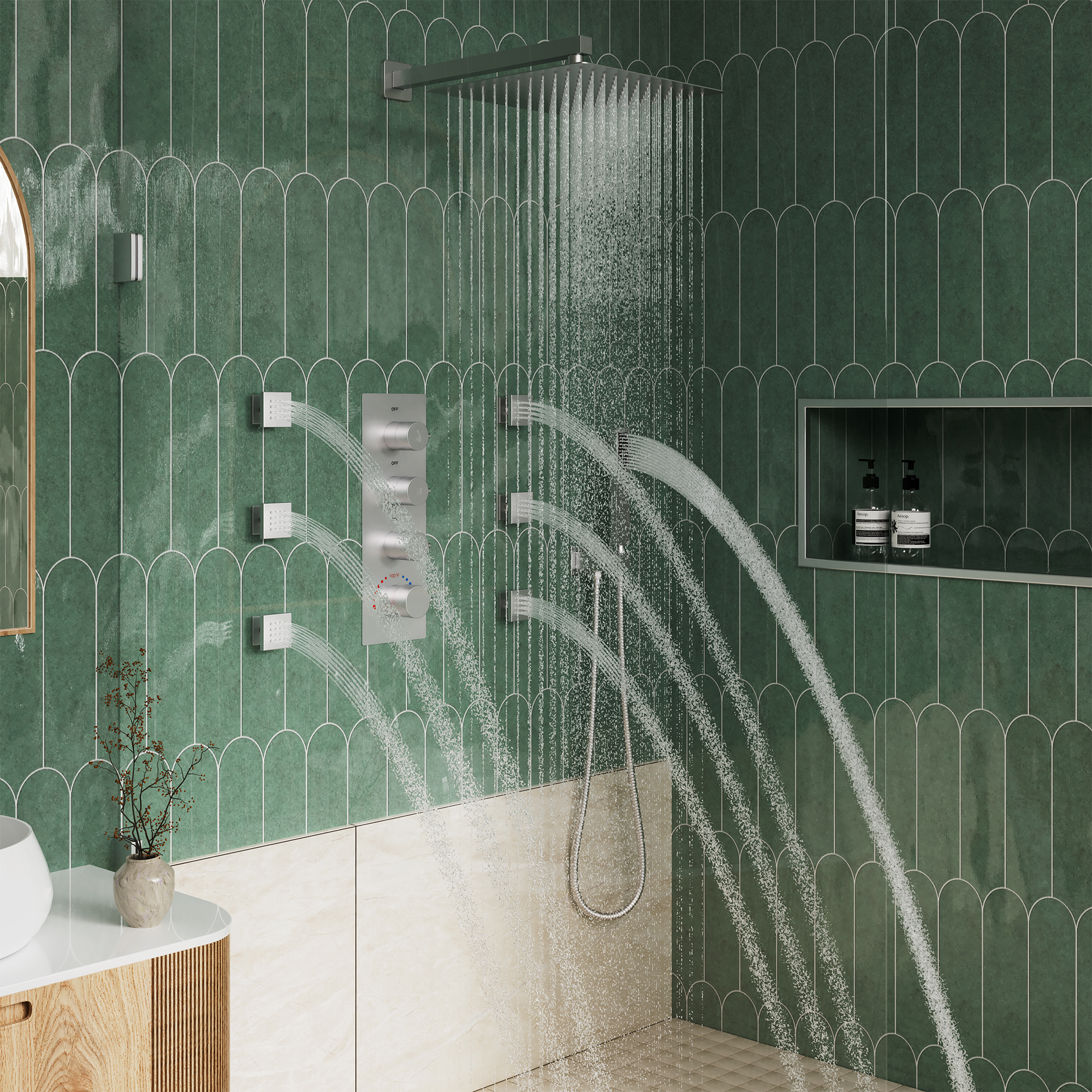 12" Thermostatic Shower System with Rainfall Showerhead & 6 Body Jets