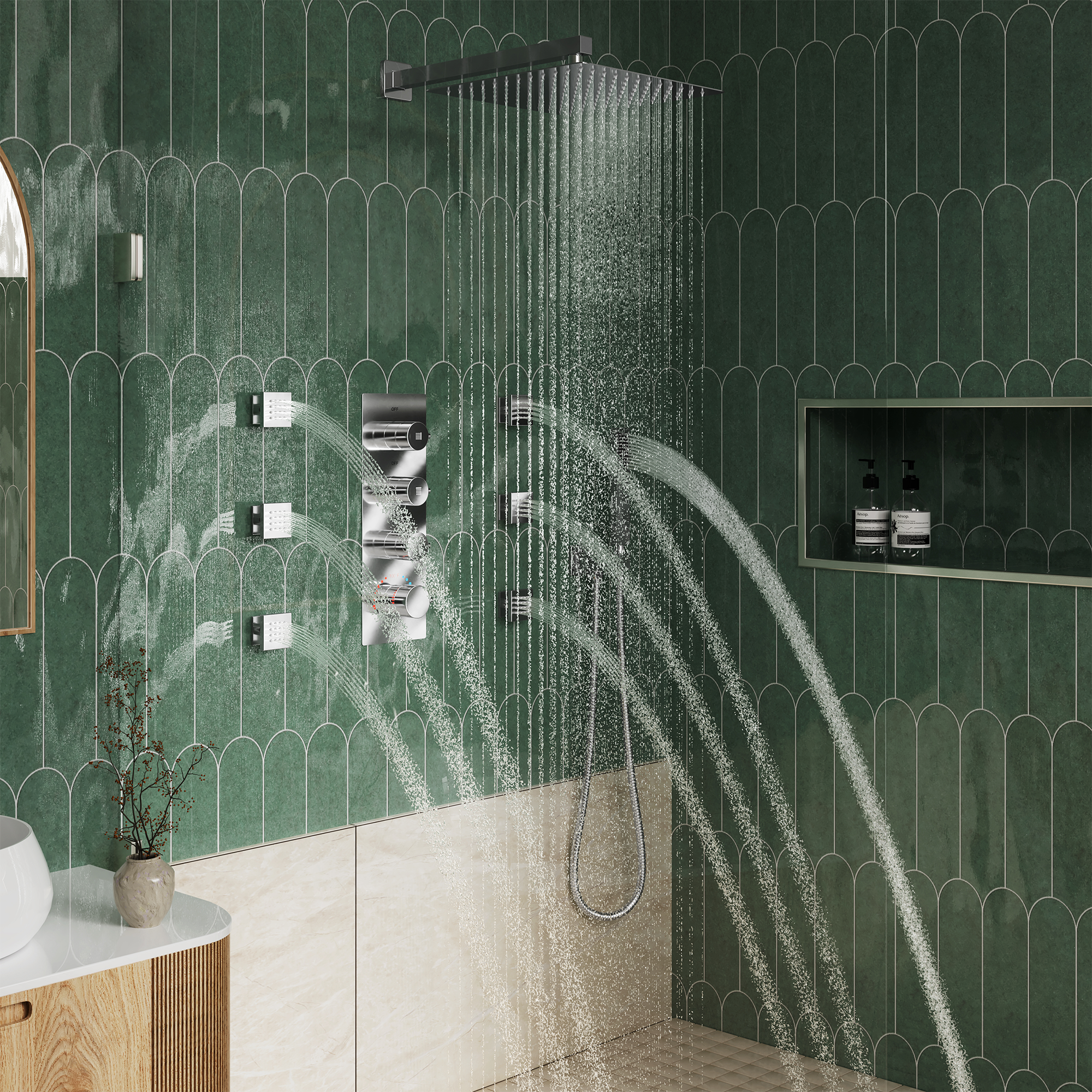 12" Thermostatic Shower System with Rainfall Showerhead & 6 Body Jets