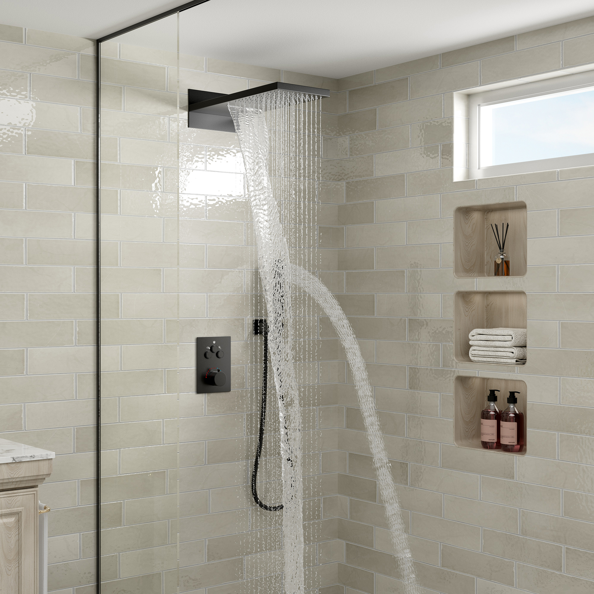 22" Thermostatic Shower System with Rainfall and Waterfall Shower Head