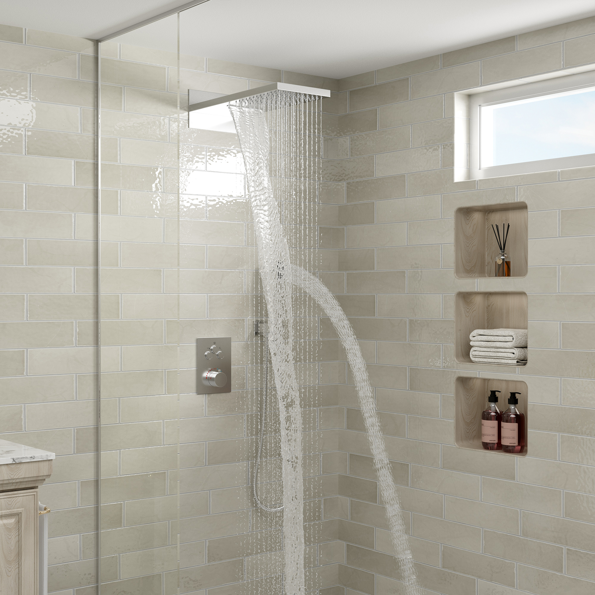 22" Thermostatic Shower System with Rainfall and Waterfall Shower Head