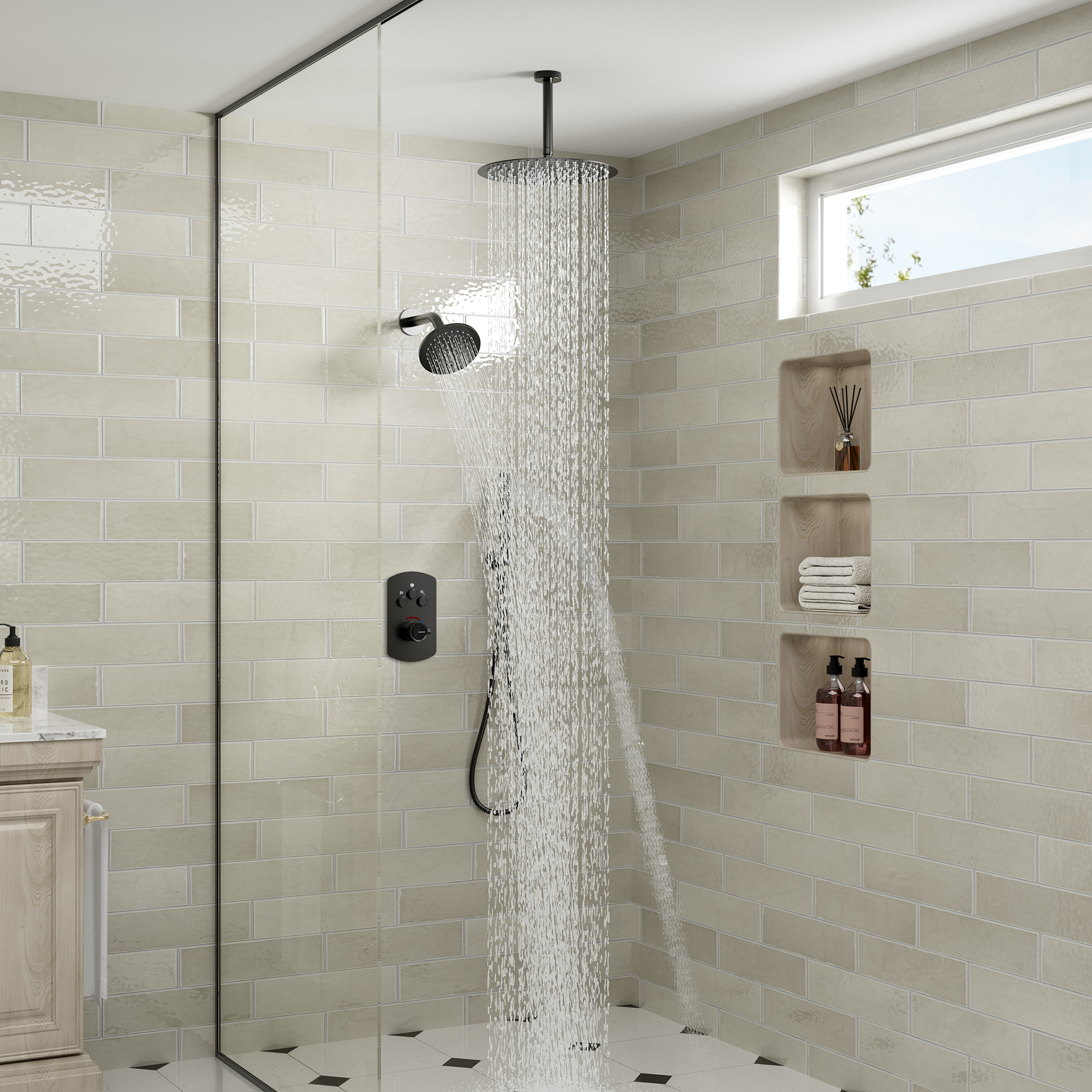 3-Function Shower System with Dual Showerheads and Balancing Valve