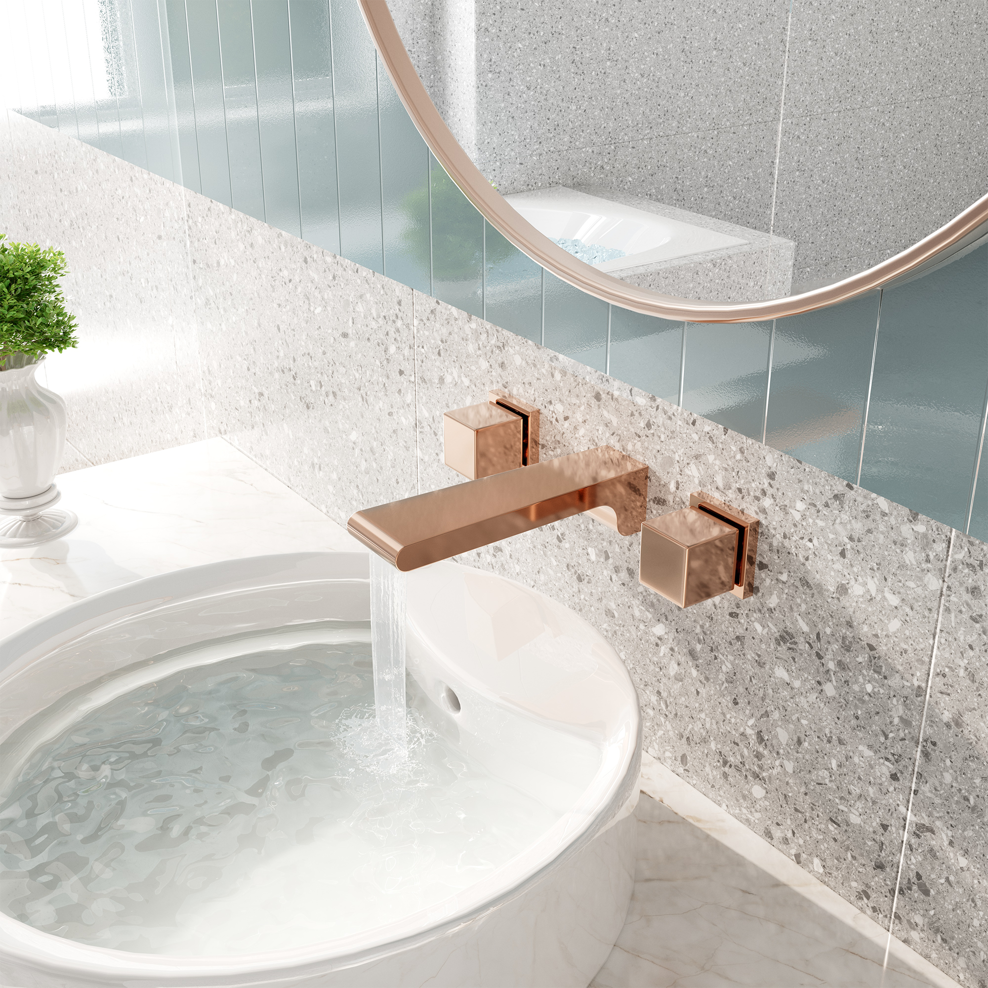 Wall-Mounted Waterfall Bathroom Basin Faucet in Brushed Rose Gold 