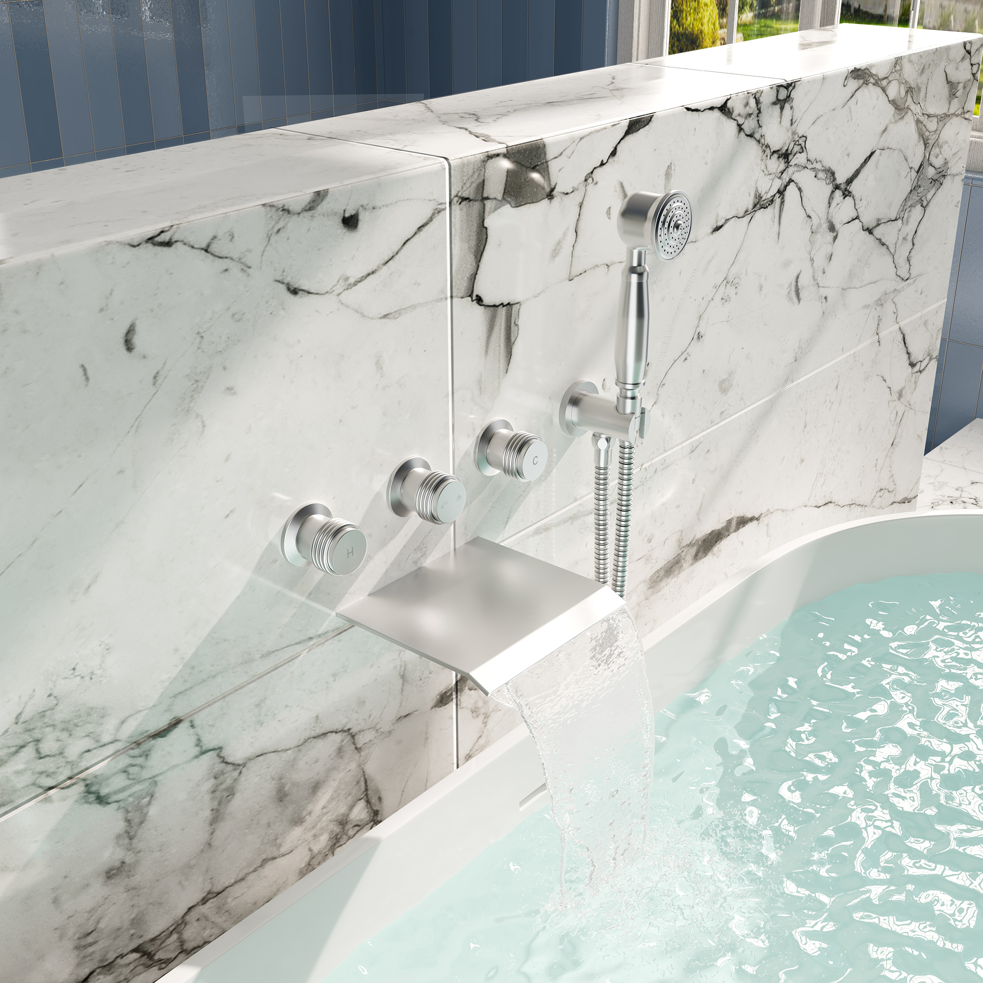 Wall-Mounted Waterfall Bathtub Faucet with Handheld Shower