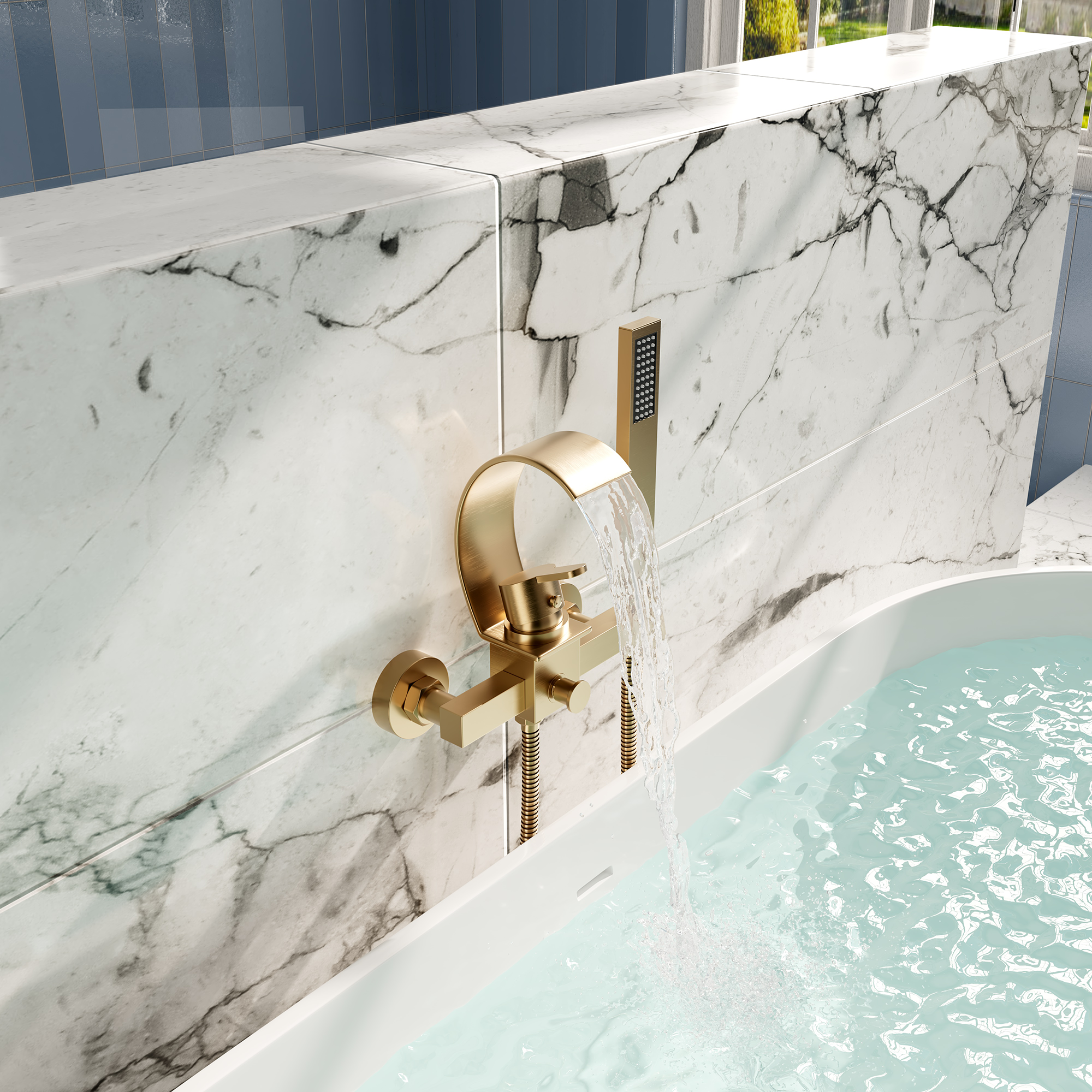 Wall-Mounted Brass Waterfall Tub Filler with Handheld Shower