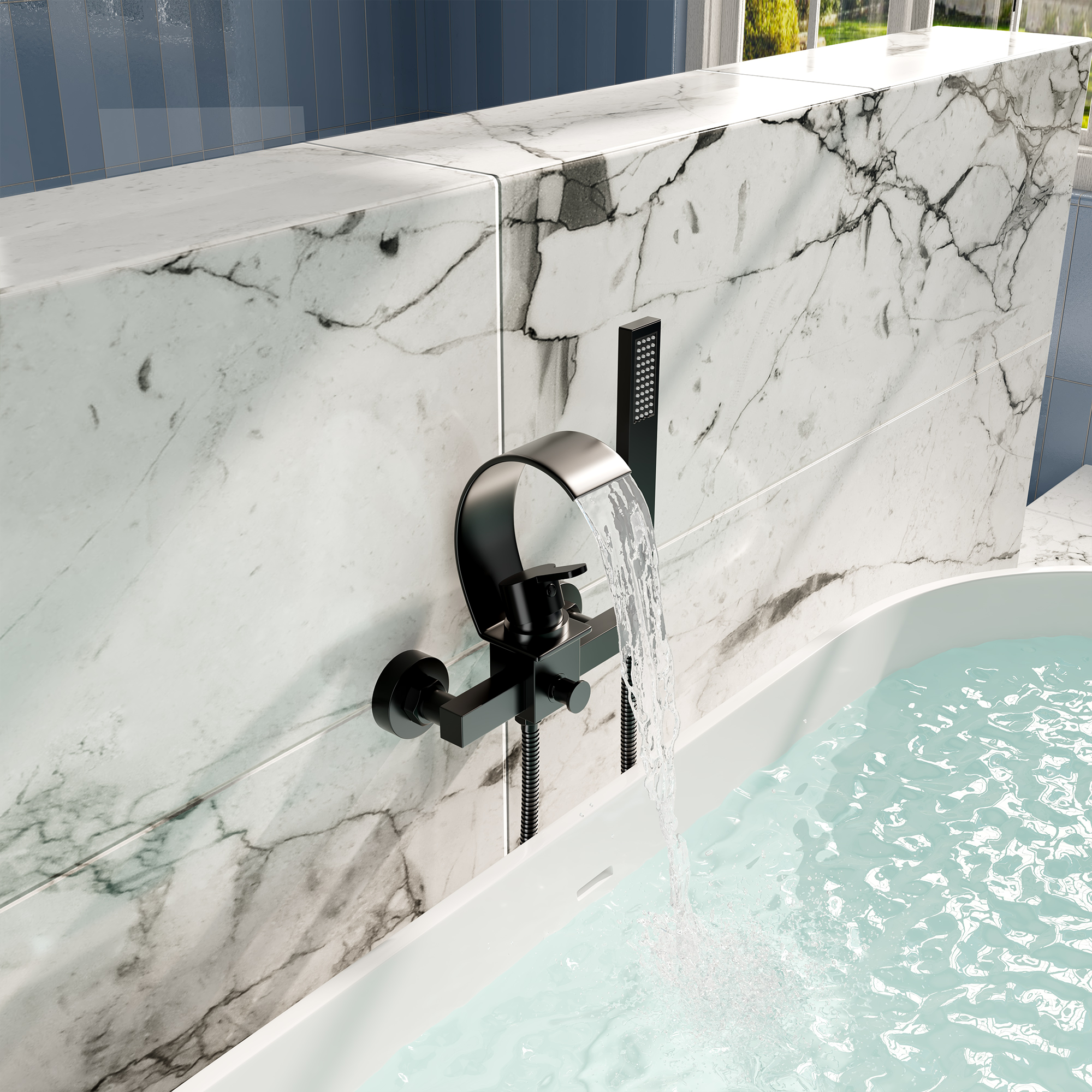 Wall-Mounted Brass Waterfall Tub Filler with Handheld Shower