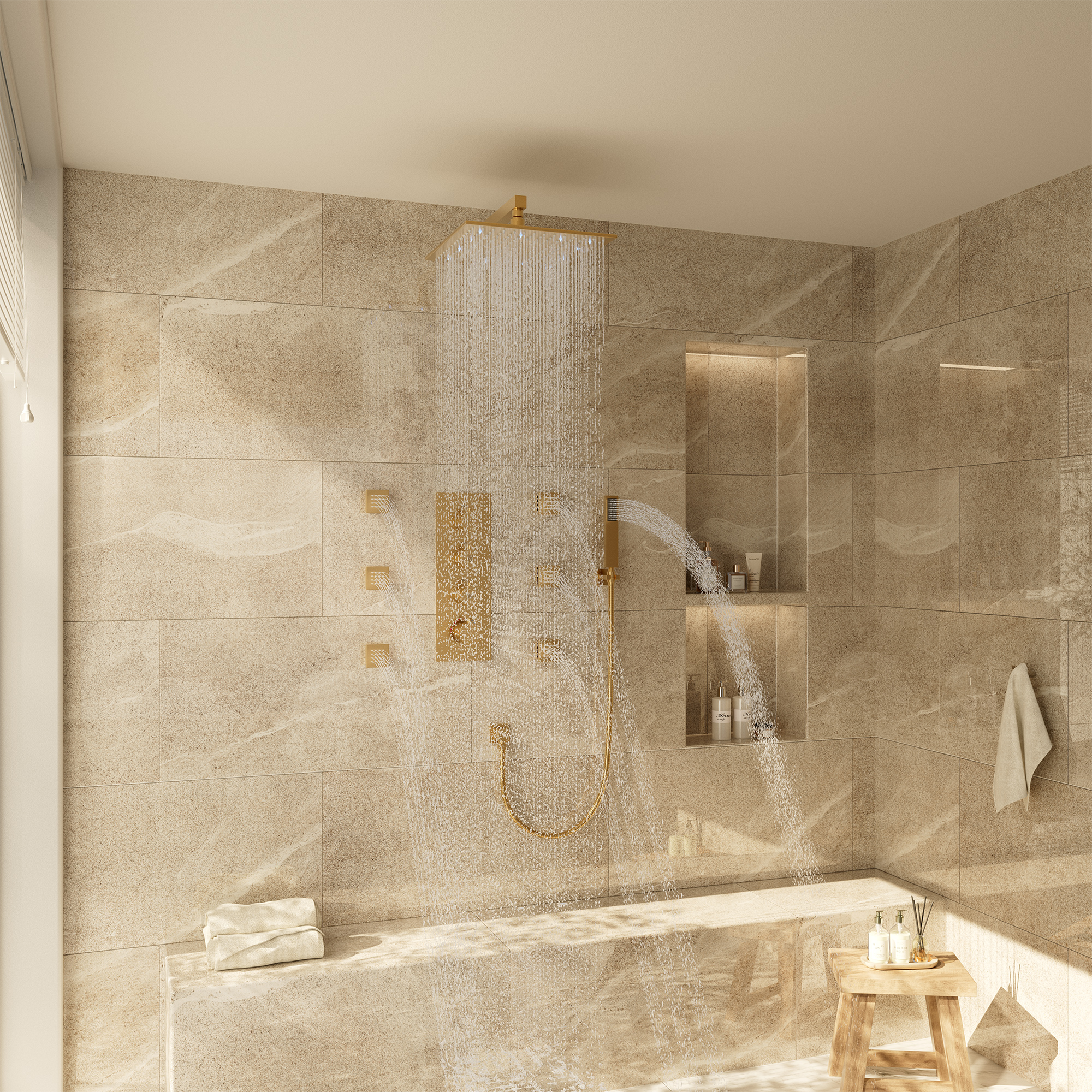 12" Thermostatic LED Shower System Wall-Mount Rain Showerhead with 6 Body Jets