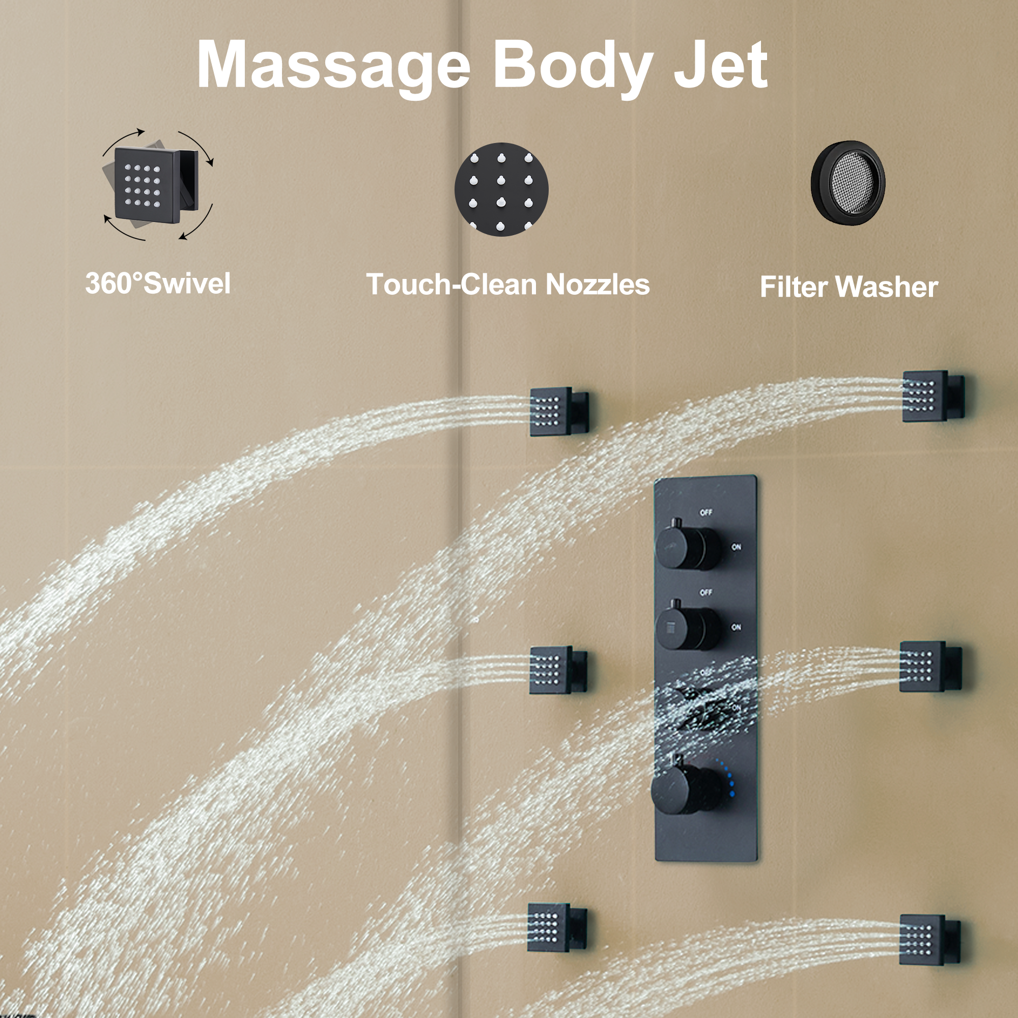 12" Thermostatic LED Shower System Wall-Mount Rain Showerhead with 6 Body Jets