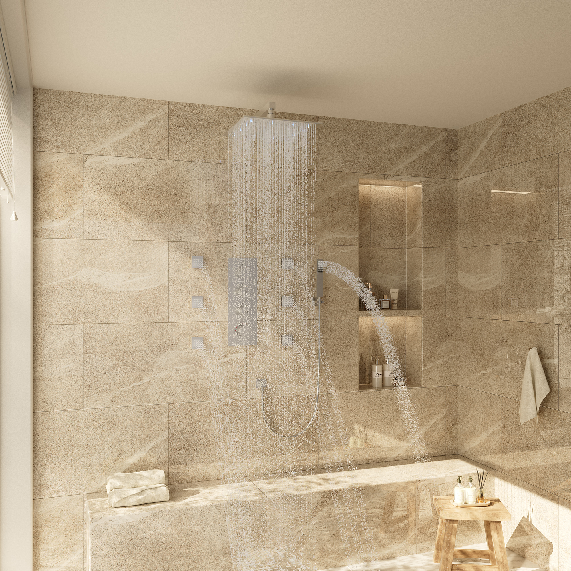 12" Thermostatic LED Shower System Wall-Mount Rain Showerhead with 6 Body Jets