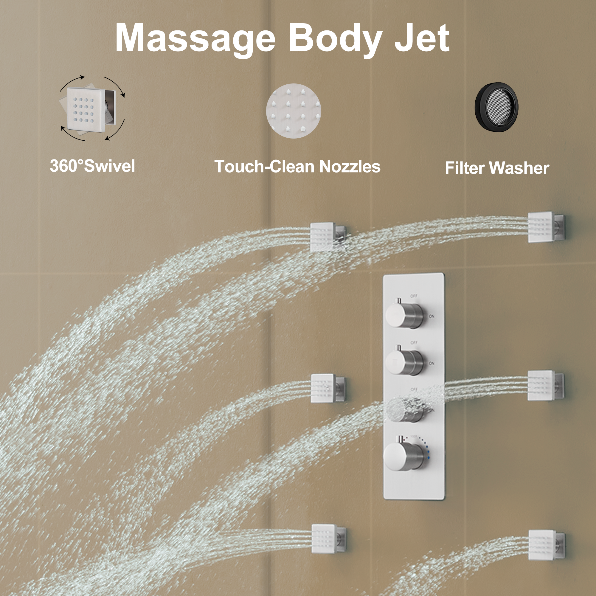 12" Thermostatic LED Shower System Wall-Mount Rain Showerhead with 6 Body Jets