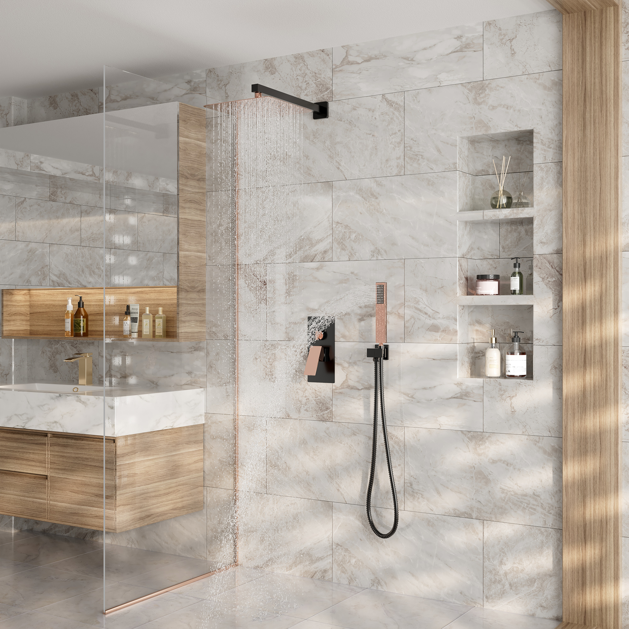 10” Rose Gold and Black Wall-Mounted Shower System with Handheld Shower
