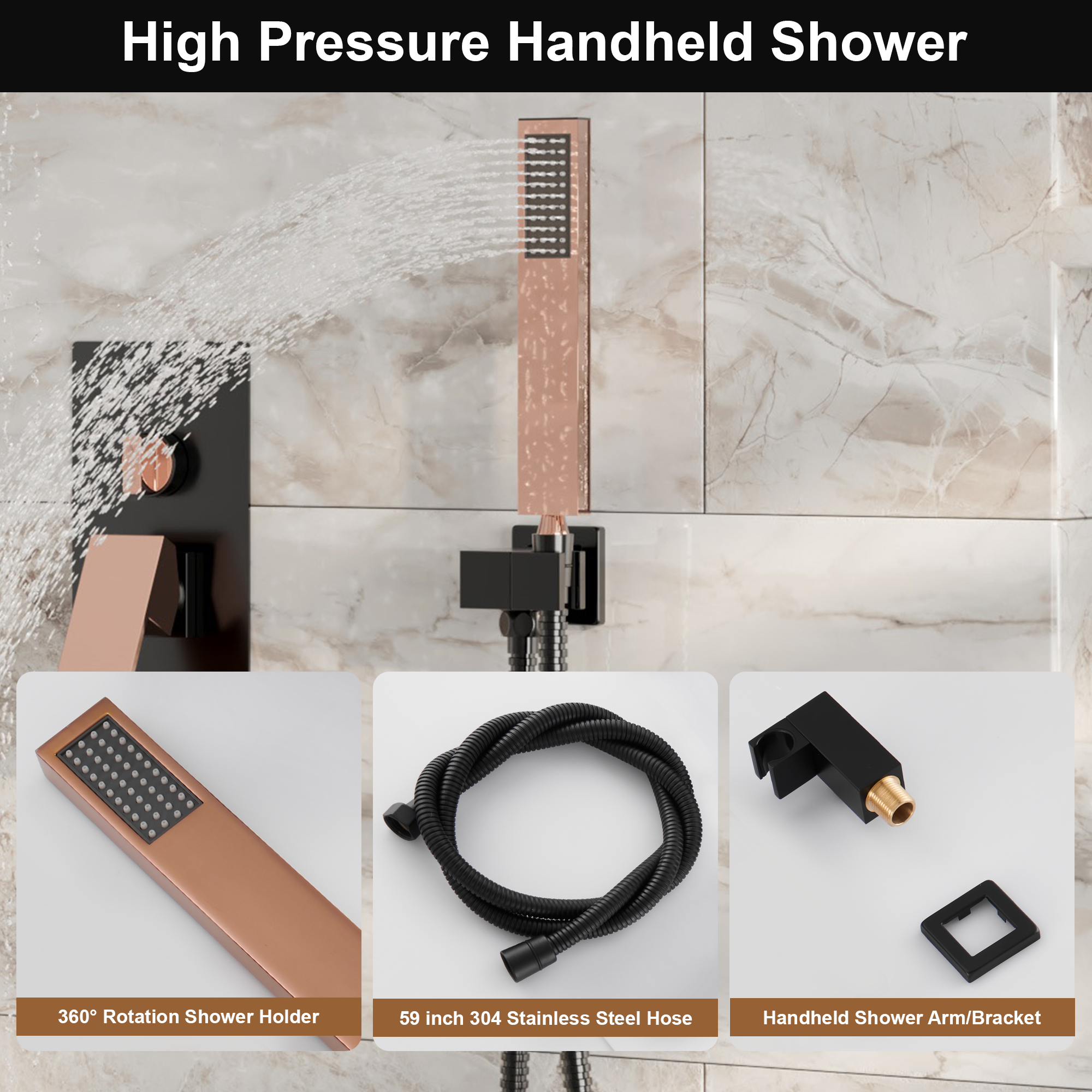 10” Rose Gold and Black Wall-Mounted Shower System with Handheld Shower