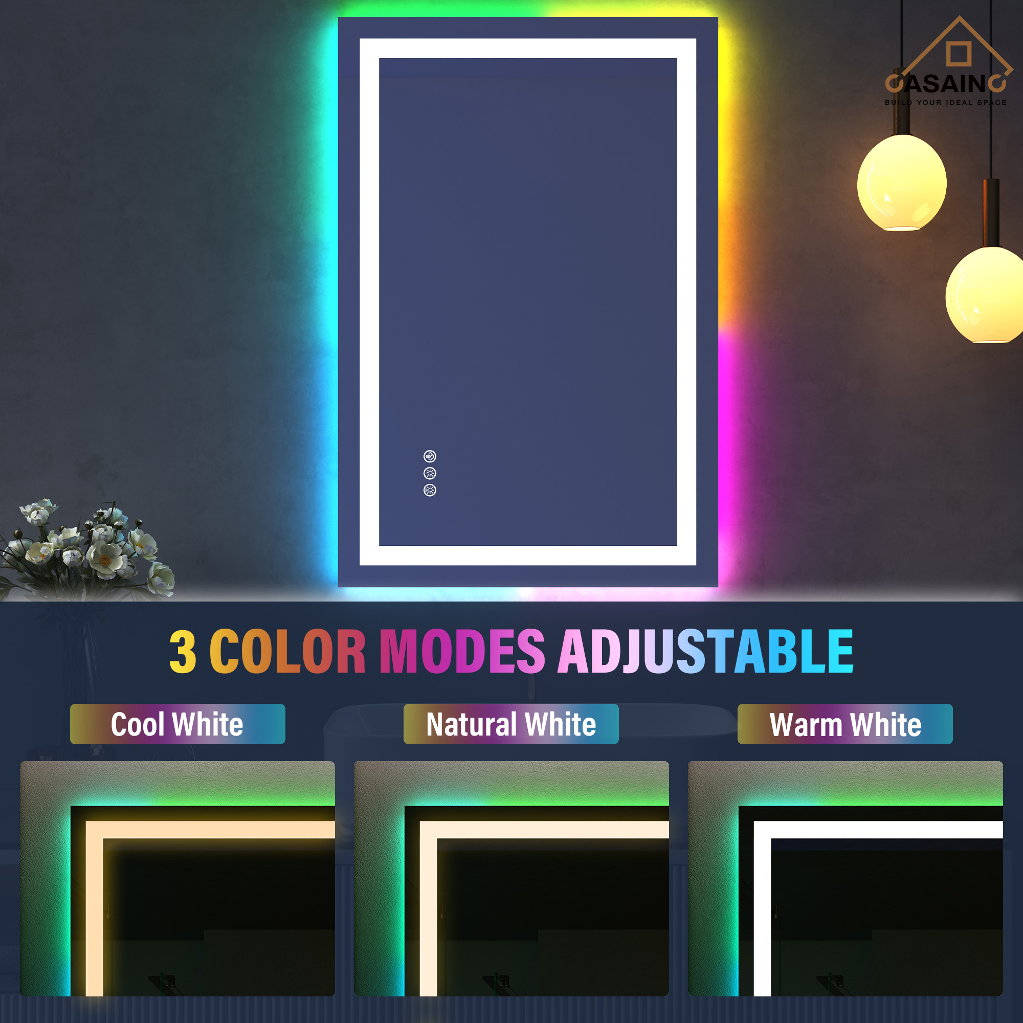 Tempered RGB LED Bathroom Mirror with Smart Controls & Anti-Fog